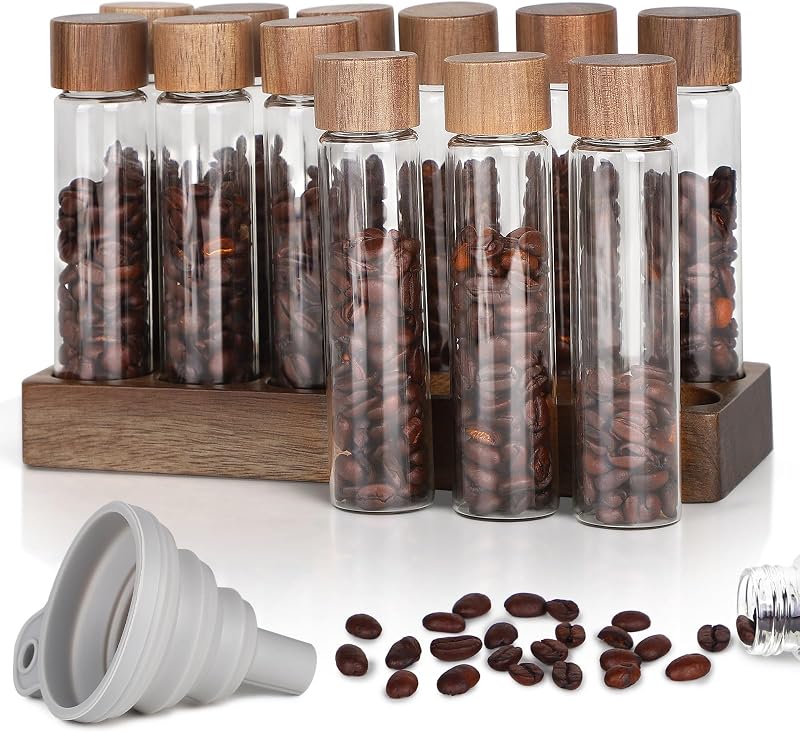 12 X Einzelportions-glasbehälter Für Kaffeebohnen Mit 12-loch-holzständer Und Silikatrichter, Röhren-aufbewahrungsset Für Kaffeebohnen