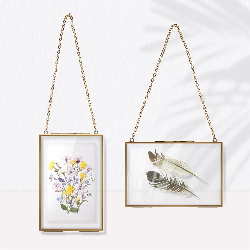 ® 2er-set Doppelglas- Und Metall-fotorahmen, 10 X 15 Cm, Klarglas-wandrahmen, Rechteckiger Rahmen Für Trockenblumen, Fotos, Figuren, Karten, Urkunden, Gold