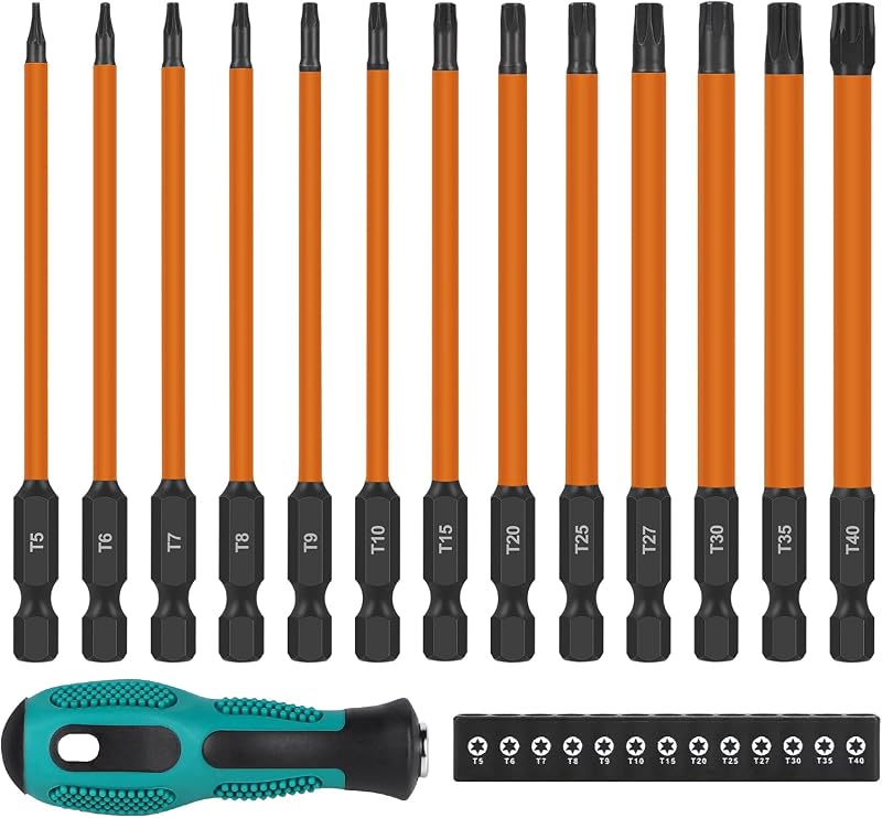 13-teiliges Magnetisches Torx-schraubendreher-set (150 Mm) Mit Ratsche, T5, T6, T7, T8, T9, T10, T15, T20, T25, T27, T30, T35, T40, Torx-bit-set, Lange Schraubendreherbits, 1/4"-sechskantschaft