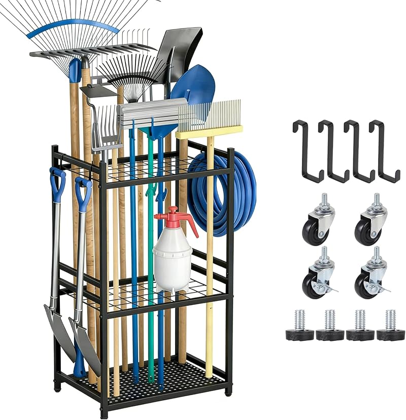 Gartengeräte-organizer Mit 35 Fächern, 80×43×30 Cm, Metall-gartengeräte-aufbewahrungsregal, 3-stöckiger Gartengerätehalter Mit Rollen Für Garage, Garten Und Schuppen