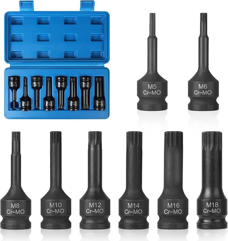 Satz Mit 8 1/2" Xzn-steckschlüsseln M5, M6, M8, M10, M12, M14, M16, M18, Langem Schlagschrauber-steckschlüsselsatz Mit Koffer, 12-kant-crmo-bits
