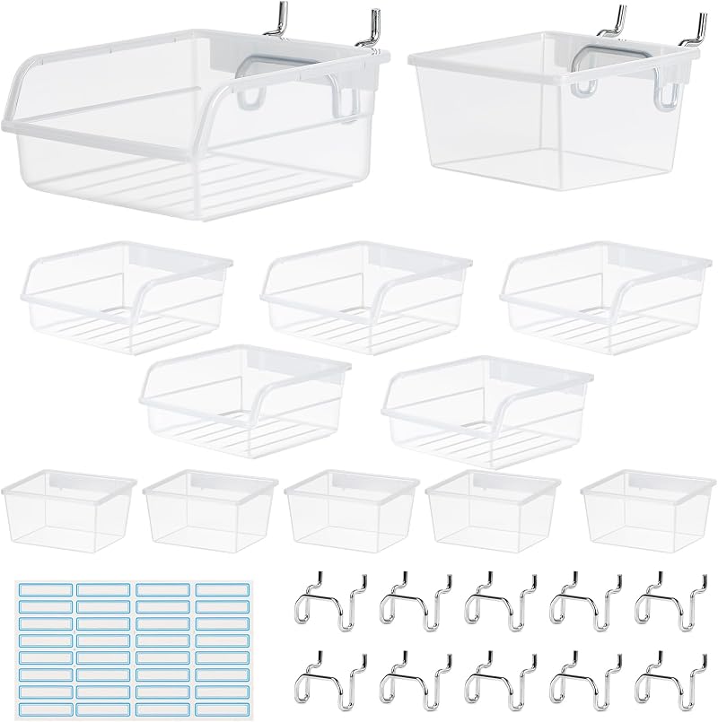 12 Wandhaken Für Lochwände, Transparente Aufbewahrungsbox Für Diy-werkstätten Mit 36 Selbstklebenden Papieretiketten Für Garage, Garten, Werkstatt