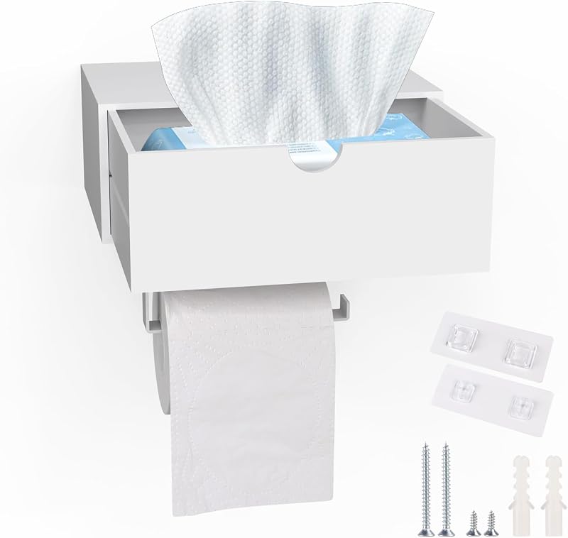 Wandmontierter Toilettenpapierhalter Mit Schublade Für Feuchttücher, Wandmontierter Toilettenpapierspender Ohne Bohren, Aus Bambus Und Edelstahl, Selbstklebender Toilettenpapierhalter Mit Box Fürs Bad