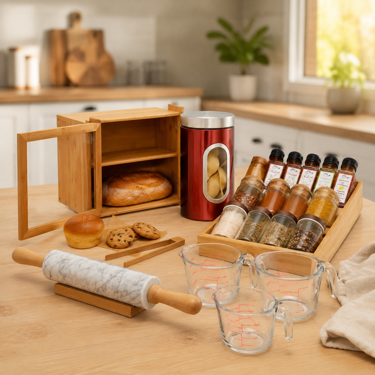 Back Und Brotkuchen Set 5 Teilig Nudelholz Aus Marmor Brotkasten Aus Bambus Und Messbecher Aus Glas 227000226 227000226