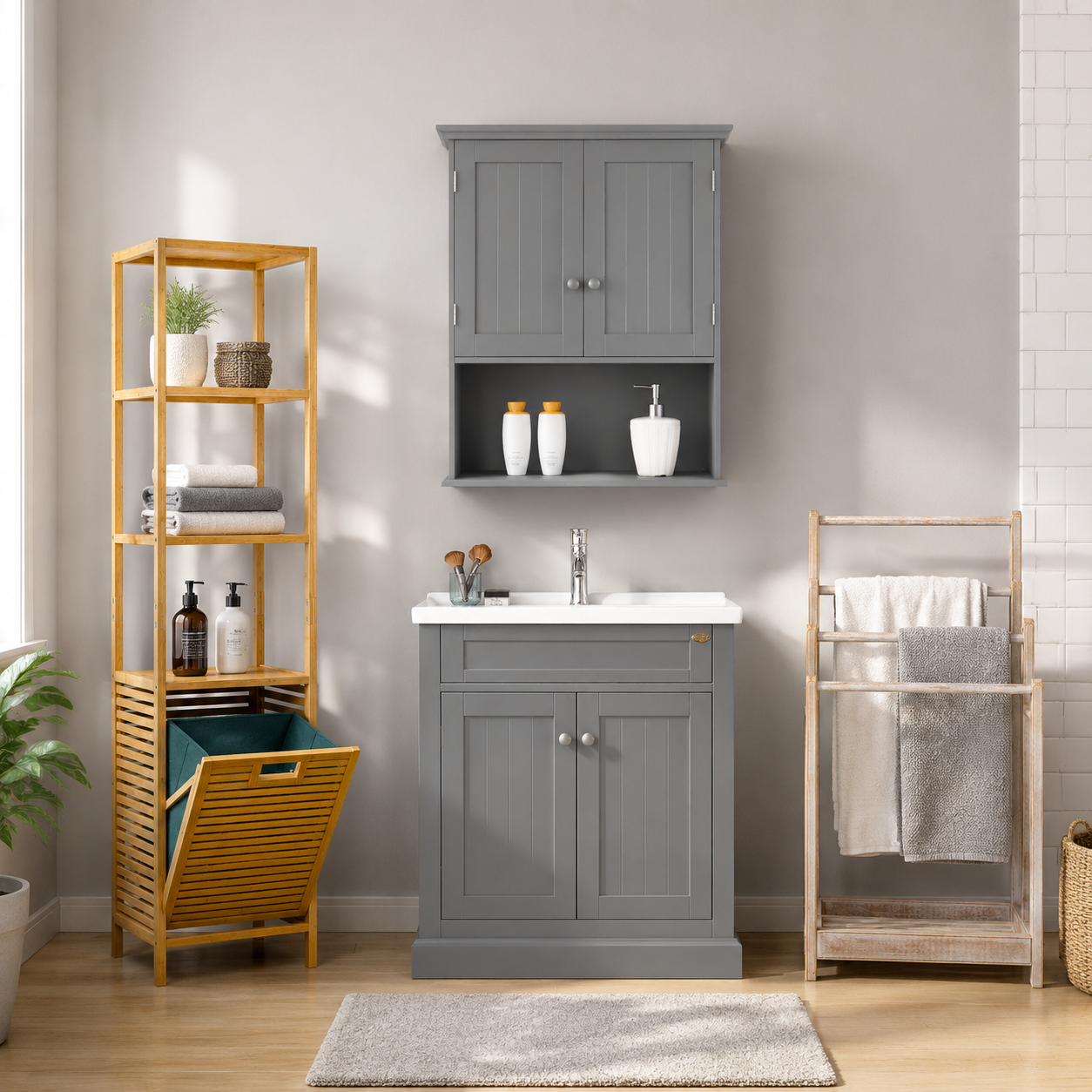 Bambus-aufbewahrungsset Für Das Badezimmer (3-teilig) – Grauer Wandschrank, Hoher Wäschekorb Und Handtuchhalter Aus Holz
