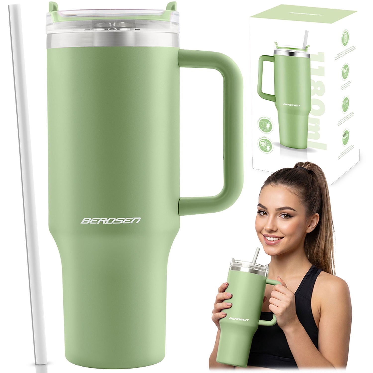 Vacuum Insulated Stainless Steel Mug With Straw, 1180 Ml