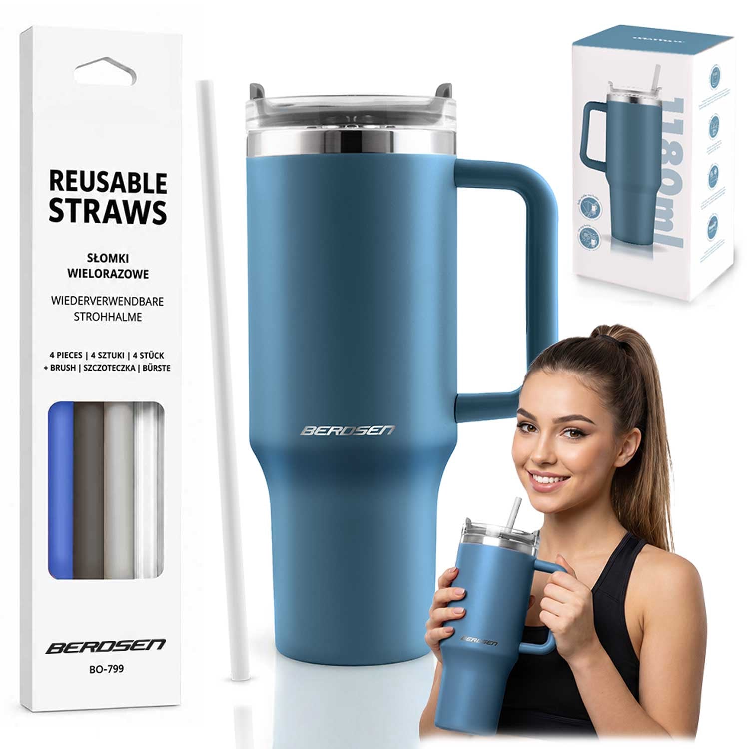 Vacuum Insulated Stainless Steel Tumbler 1180ml With Straws