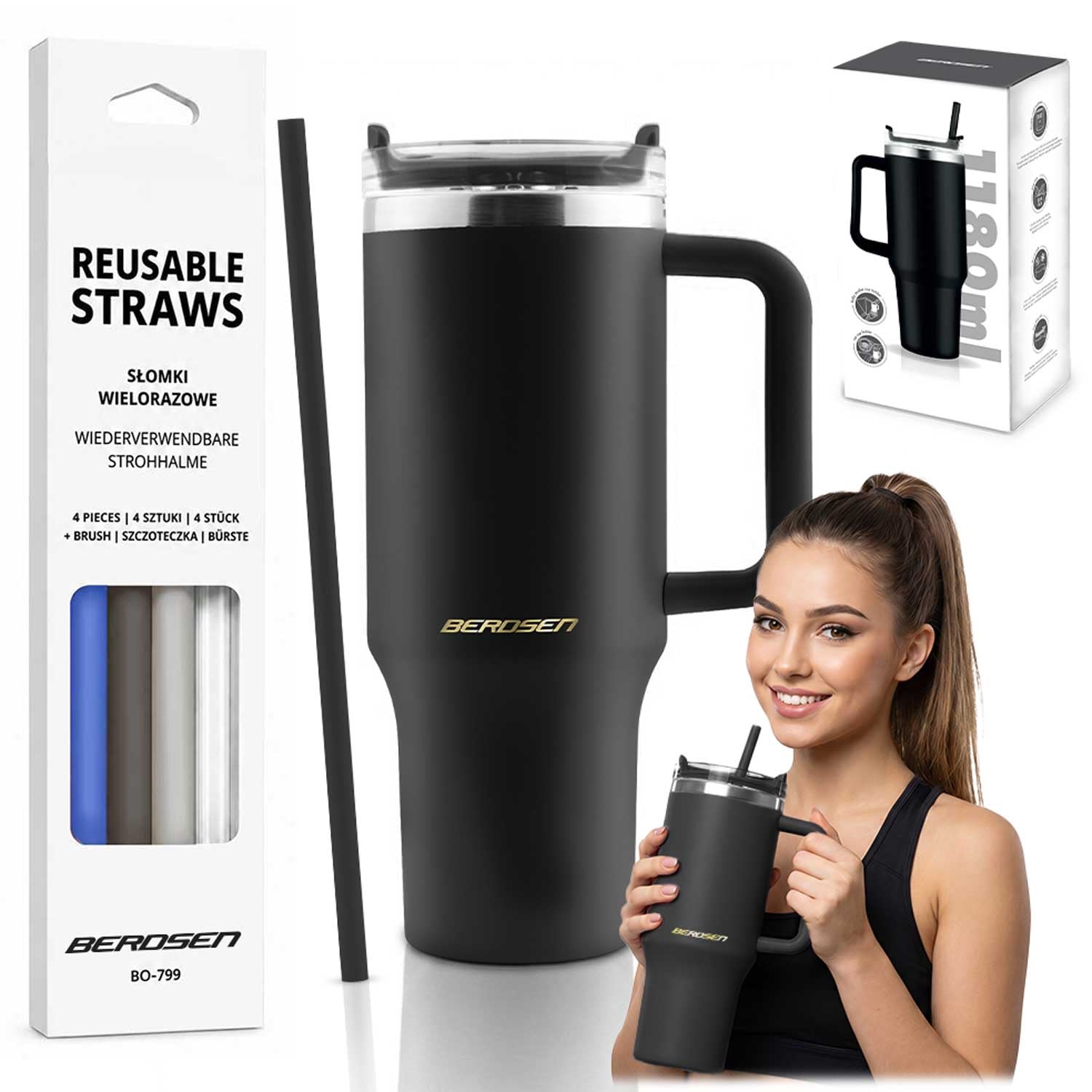 Vacuum Insulated Stainless Steel Mug With Straws, 1180ml