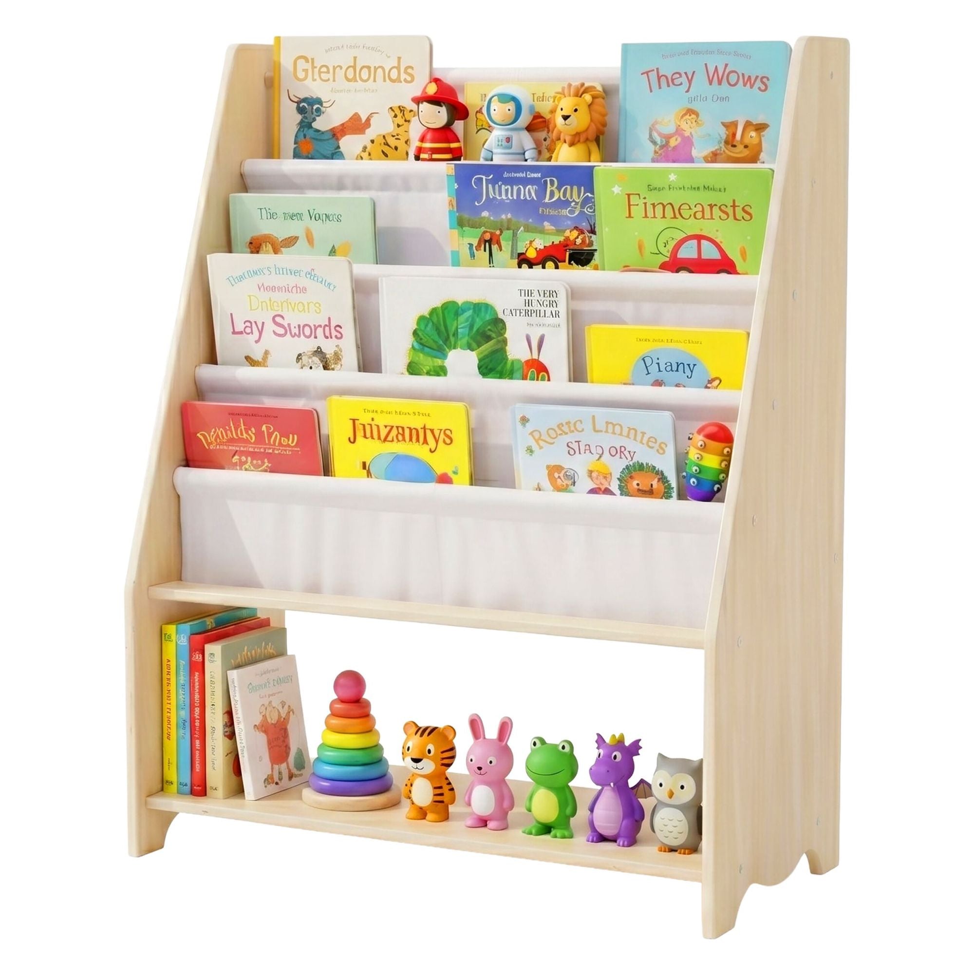 Childrens Bookcase With 4 Fabric Pockets Natural Wood 229384456