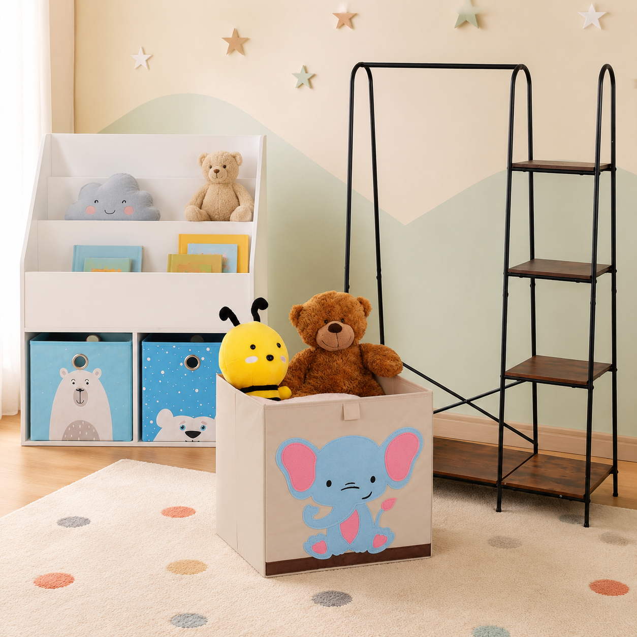 Aufbewahrungsset Fur Kinderzimmer 3 Teilig Bucherregal Mit Stoffkisten Garderobe Mit 5 Ablagen Und Aufbewahrungstasche Mit Elefantenmotiv 227000250