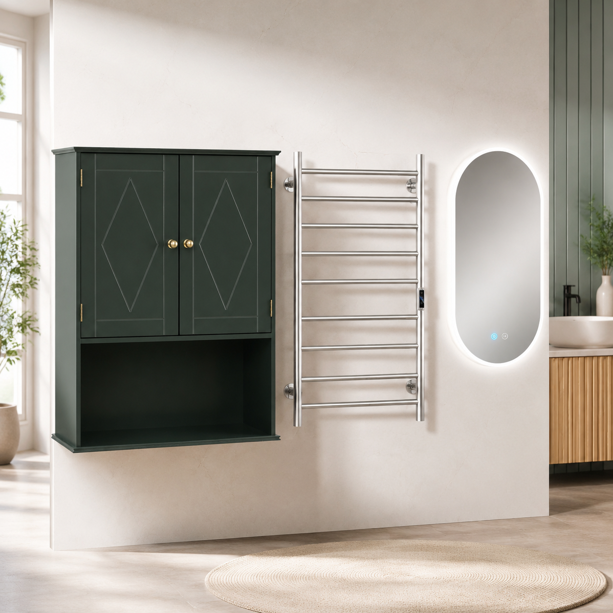 Beheiztes Badezimmer-spa-set (3-teilig) – Led-beschlagschutzspiegel, Wandschrank Und Handtuchwärmer Mit 10 Bar