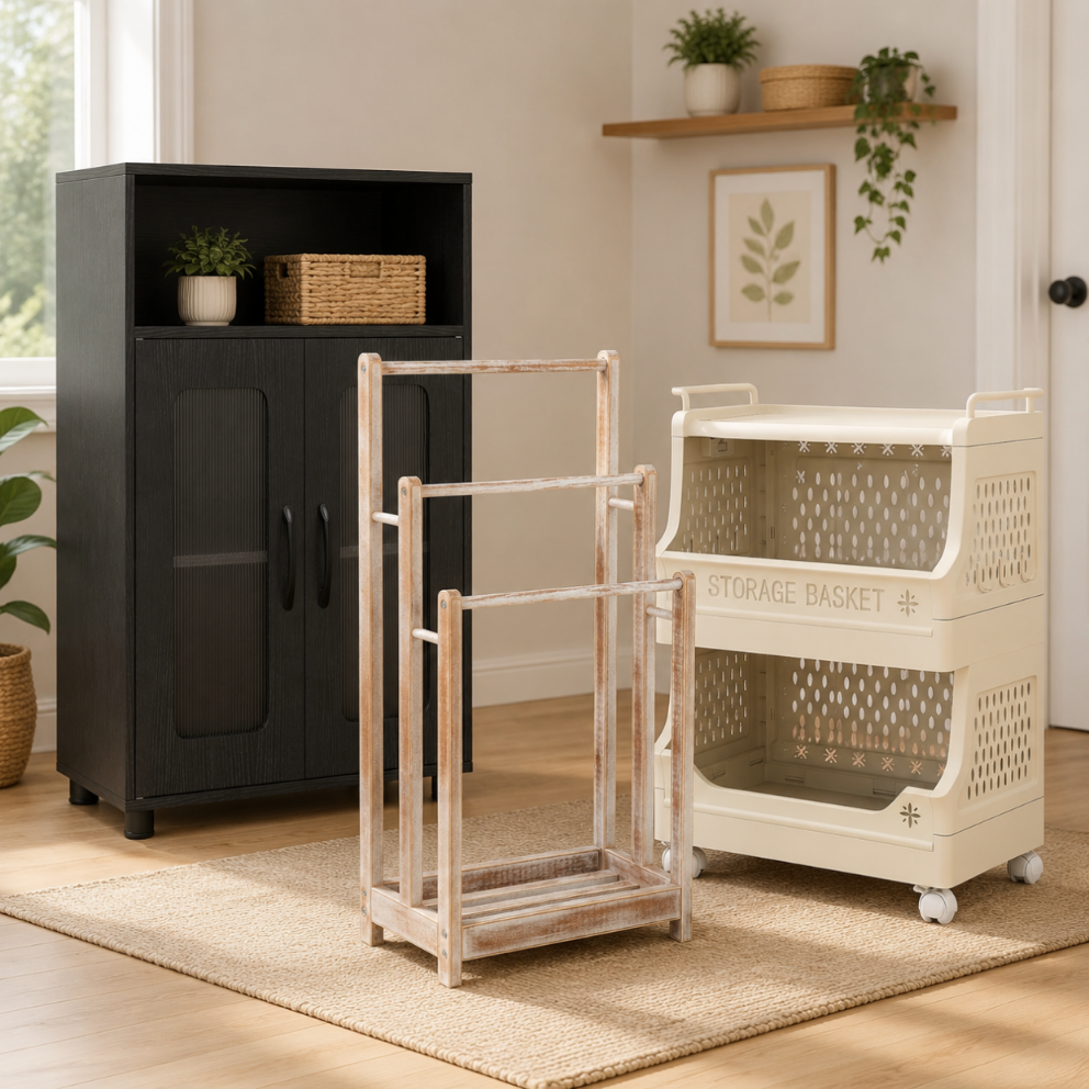 Freistehendes Badezimmer Set Aus Holz 3 Teilig Handtuchhalter Mit 3 Stangen Waschewagen Auf Rollen Und 2 Turiger Schrank 228524189