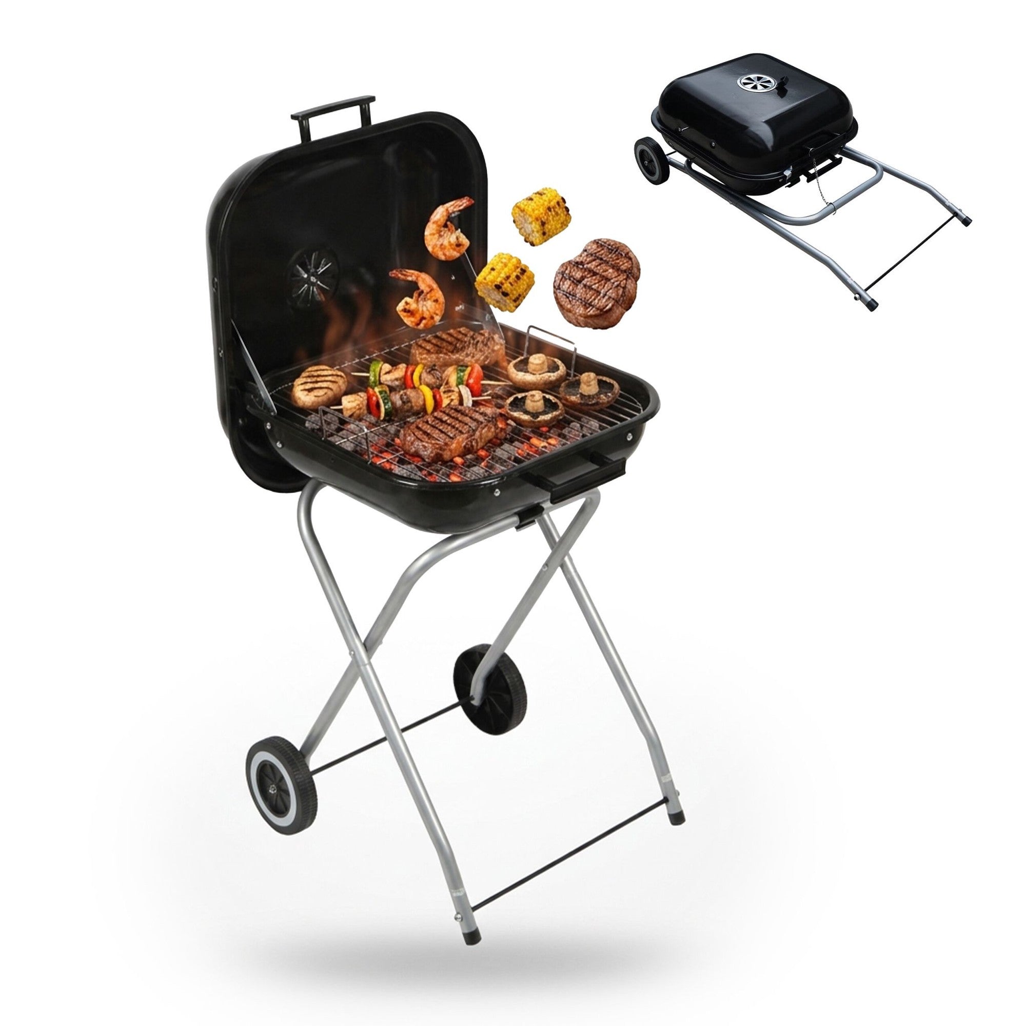 Portable Charcoal Bbq With Lid & Wheels, Black Steel