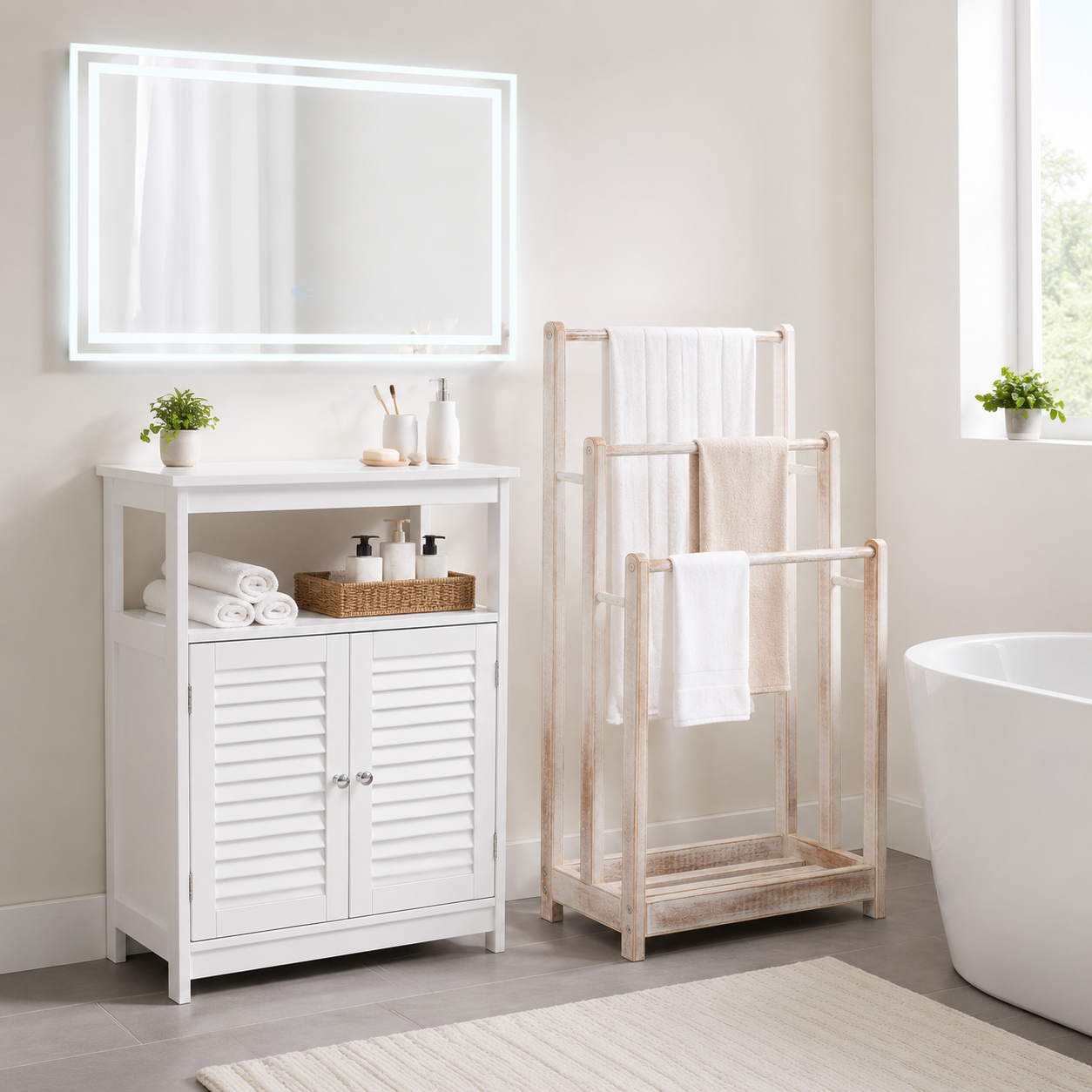 Led-spa-badezimmer-set (3-teilig) – Weißer Aufbewahrungsschrank, 80 X 60 Spiegel Mit Doppelbeleuchtung Und Handtuchhalter Aus Holz