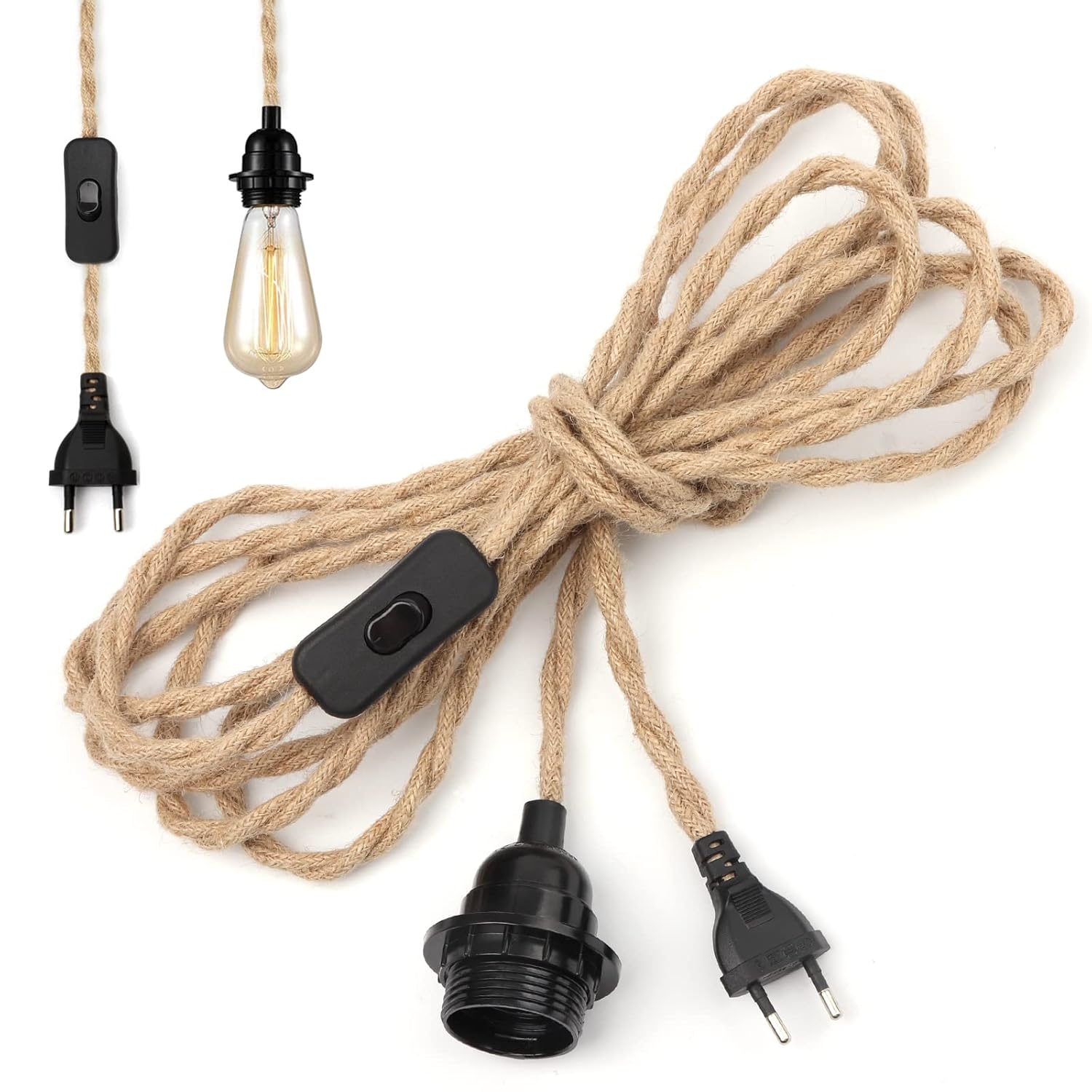 Vintage Hanfseil-pendelleuchte Mit E27-fassung, 4,5 M, Inklusive Schalter Und Eu-stecker Für Diy-retro-industrielampen