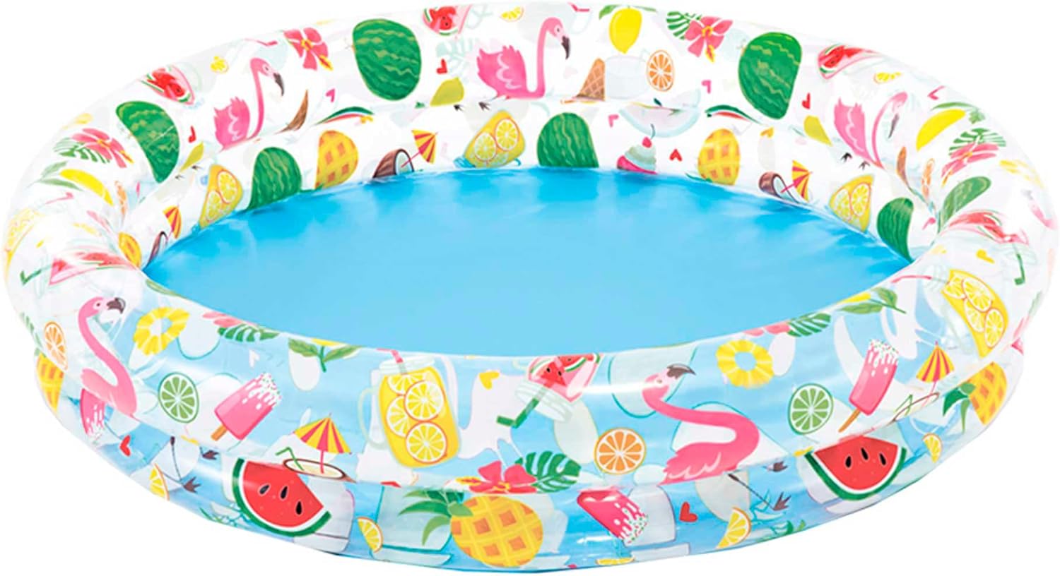 Rundes Aufblasbares Kinderbecken Mit Zwei Schwimmringen – Sommerliche Motive (flamingos Und Früchte) – Strapazierfähiges Pvc-becken Für Garten, Terrasse Oder Strand. 122 X 25 Cm.