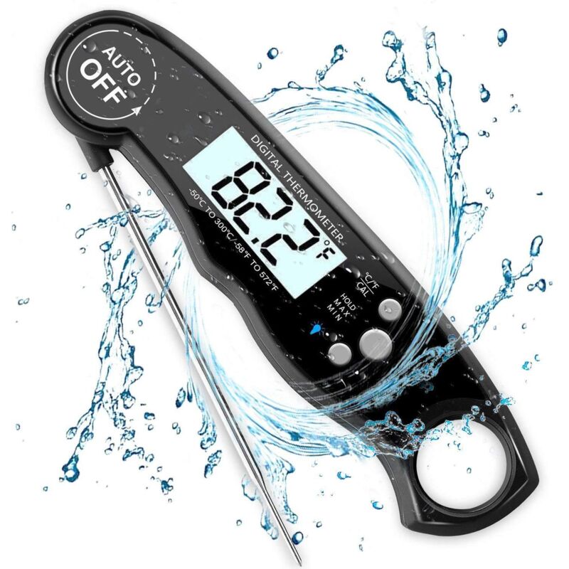 Digitales Sofort-küchenthermometer – 1 Meter Lange, Faltbare Sonde – Für Fleisch Und Süßwaren – Schnelle Messung – Schwarz