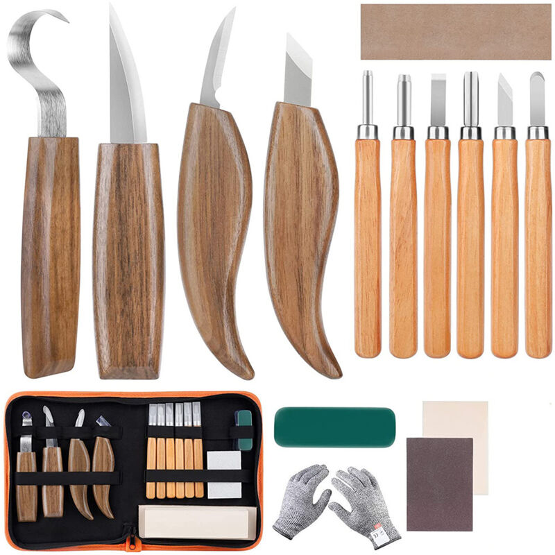 Anfängerset Für Holzschnitzerei – 15 Messer Und Hohlbeitel Mit Etui Und Schutzhandschuhen – Werkzeuge Für Holzbearbeitung Und Bastelarbeiten