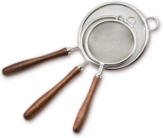 Schaumsieb Set 3 Teiliger Küchenfilter Aus Edelstahl Mit Holzgriff Sieb Aus Edelstahl 304 Für Tee, Reisöl, Nudeln, Obst Und Gemüse 3 Teilig