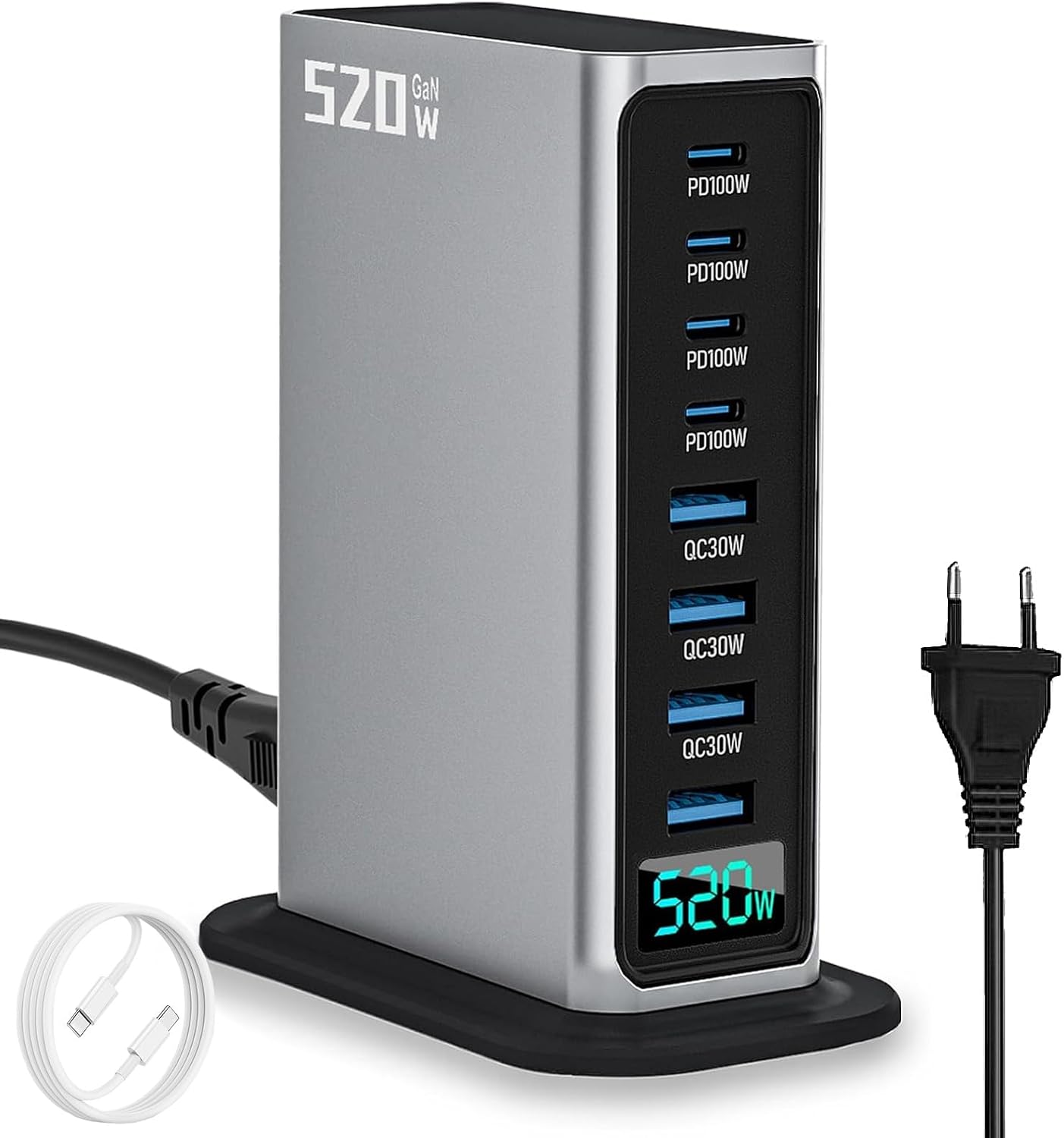 Usb Fast Charger, 520 W Usb C Charger Multiple With Digital Display, 8 Port Usb Charging Station With Gan Iii And Pd 3.0, Fast Charging Station With 4usb C & 4usb A For Phone, Tablets, Laptop