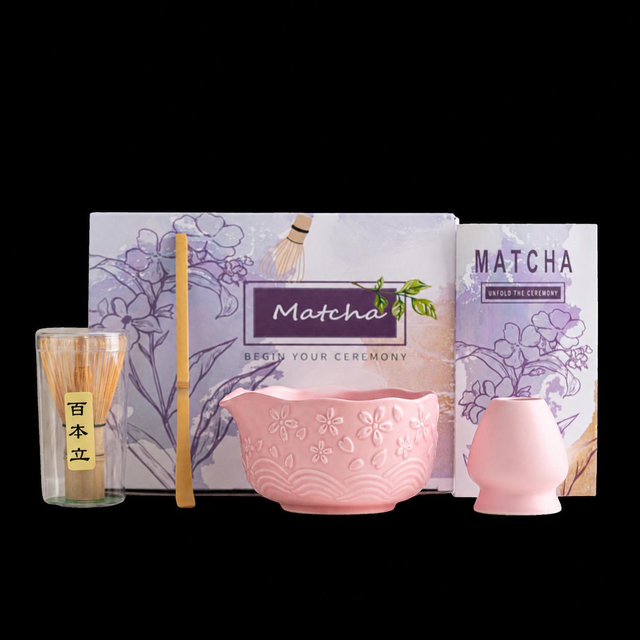 Matcha-tee-set Aus Keramik, Schale Mit Kirschblütenmuster Und Öffnung, Hochwertige Farbige Geschenkbox, Kirschkernpulver – 4-teiliges Matcha-tee-set – Farbige Geschenkbox
