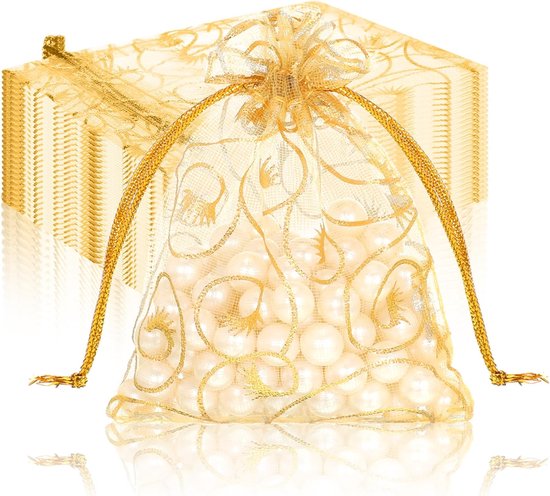 Organzabeutel Mit Kordelzug, 7 X 9 Cm, Goldfarben, Bedruckt, Geschenktüten, Schmuckbeutel, Klein, Für Hochzeit, Taufe, 100 Stück