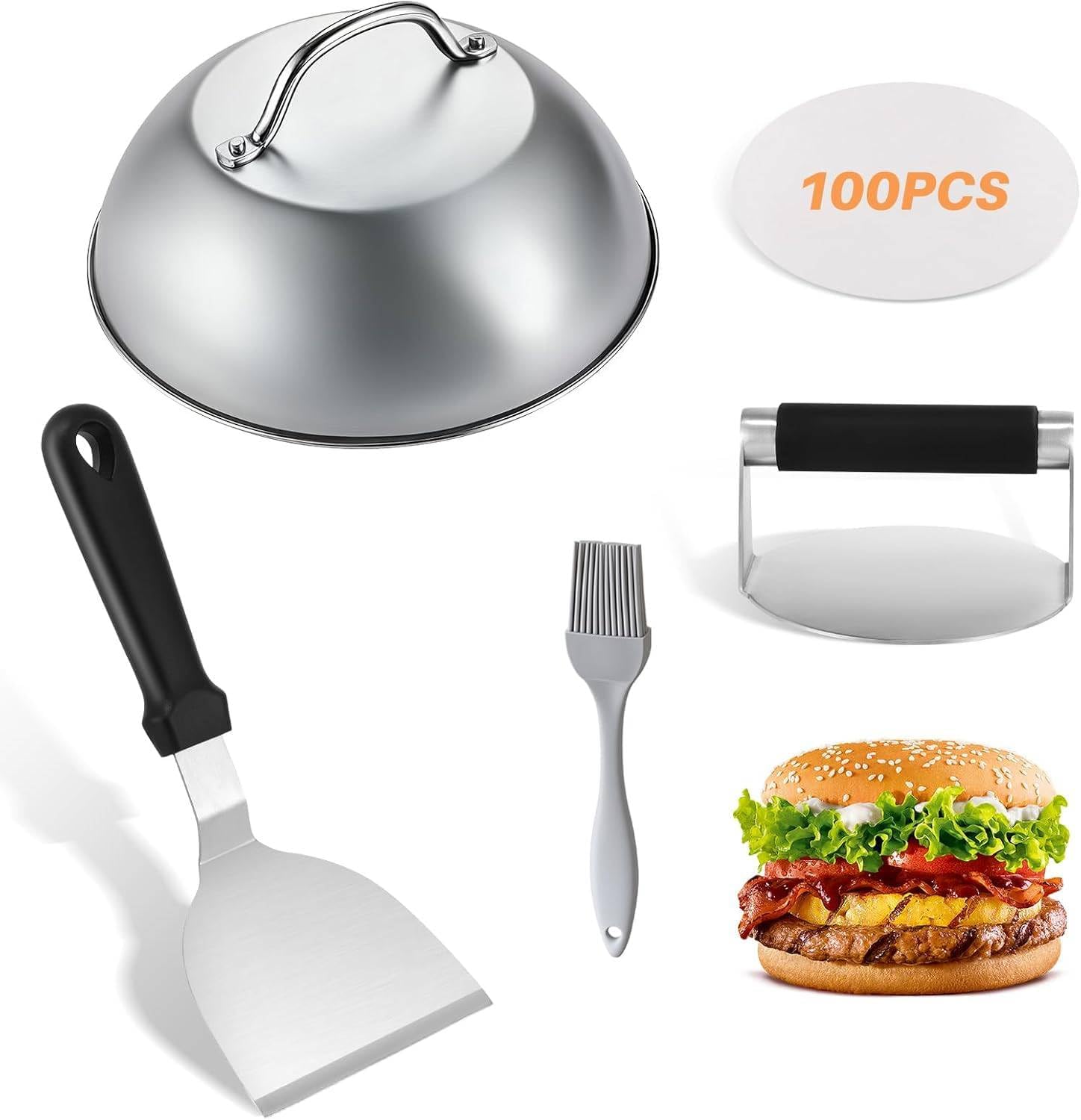 Stainless Steel Burger Press Set, Burger Smasher Set With Burger Press, Cheese Melting Dome, Spatula, Brush, 100 Pieces Oil Absorbent Paper, For Delicious Hamburgers, Patties, Barbecues, Steak, Pizza