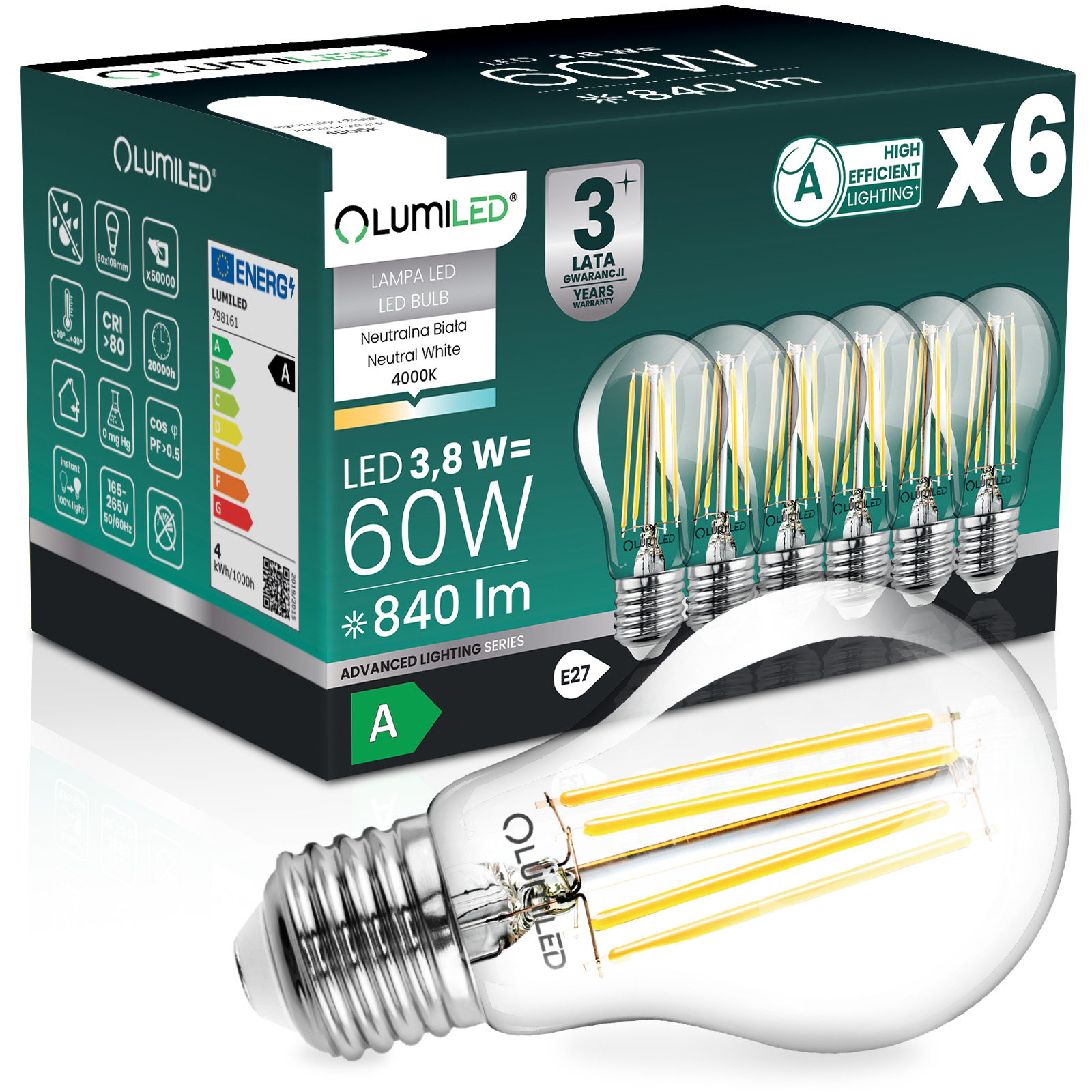 6x Led-lampe E27 A60 3,8 W 840 Lm = 60 W 4000 K Neutralleiter 360° Glühfaden Klasse A