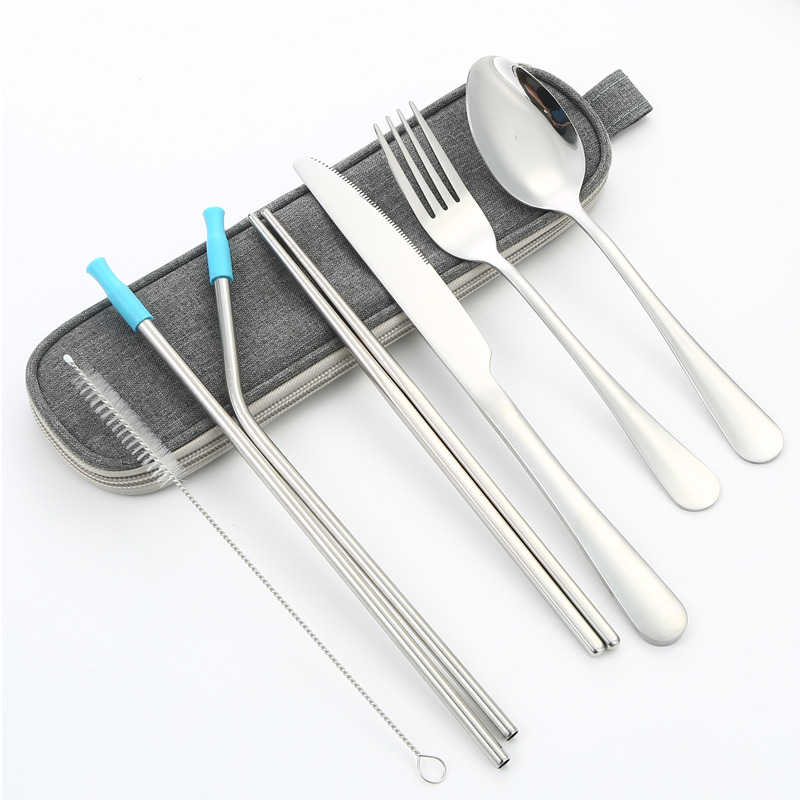 8 In 1 Wiederverwendbares Reisebesteck Set Aus Edelstahl Mit Etui Messer, Gabel, Löffel, Essstäbchen, Strohhalme Tragbar Und Silberfarben