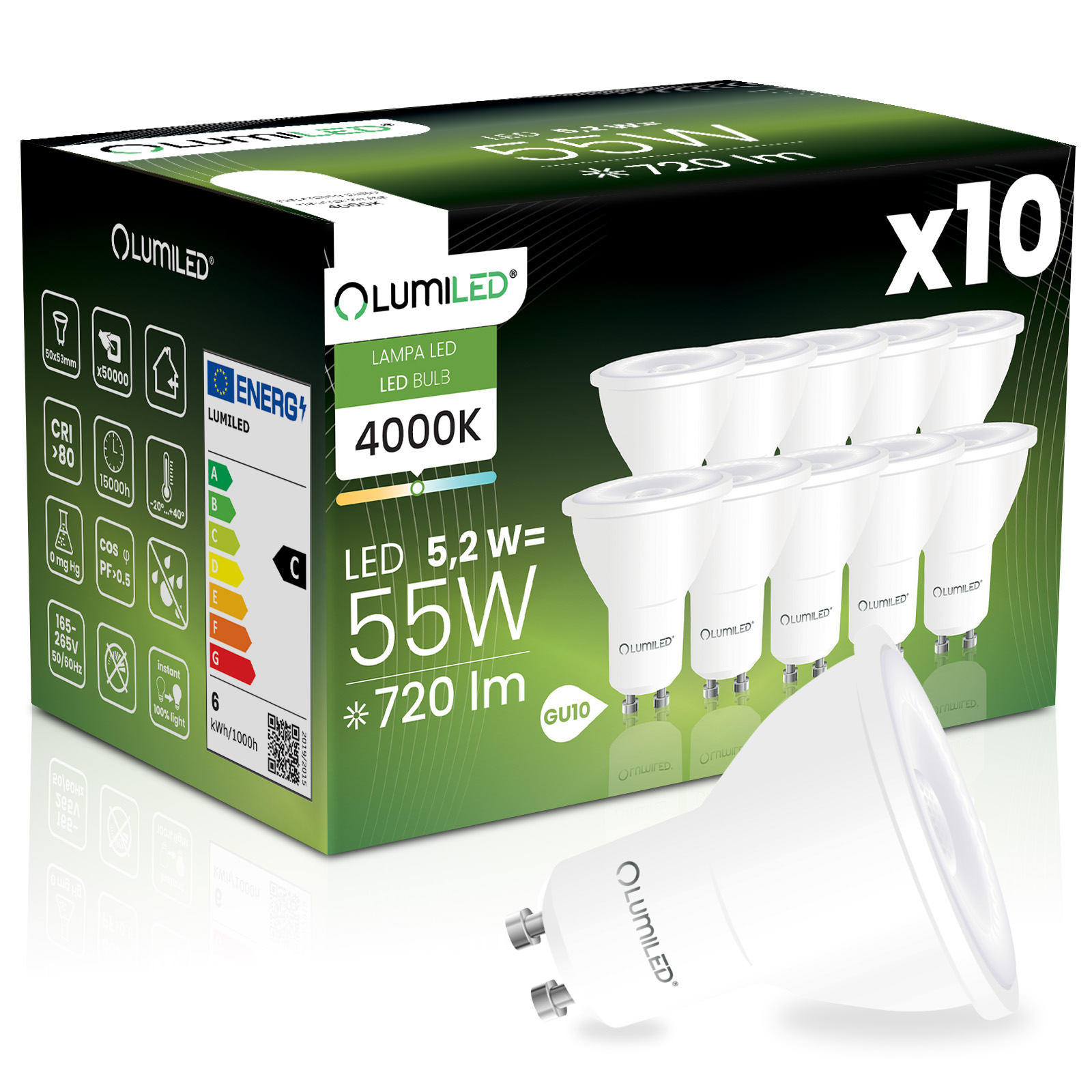 10x Led-lampe Gu10 Spot Par16 5,2 W = 55 W 720 Lm 4000 K Neutralweiß 38° Abstrahlwinkel