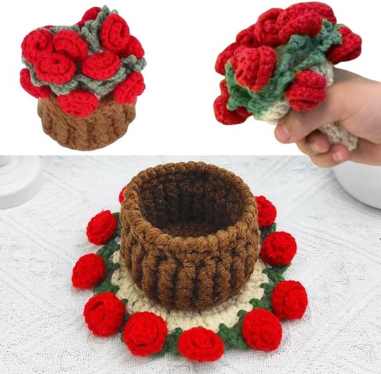 Rosen Untersetzer Handgehäkelt Inklusive Mini Korb Weiche Kunstblumen Für Zuhause Und Schreibtisch