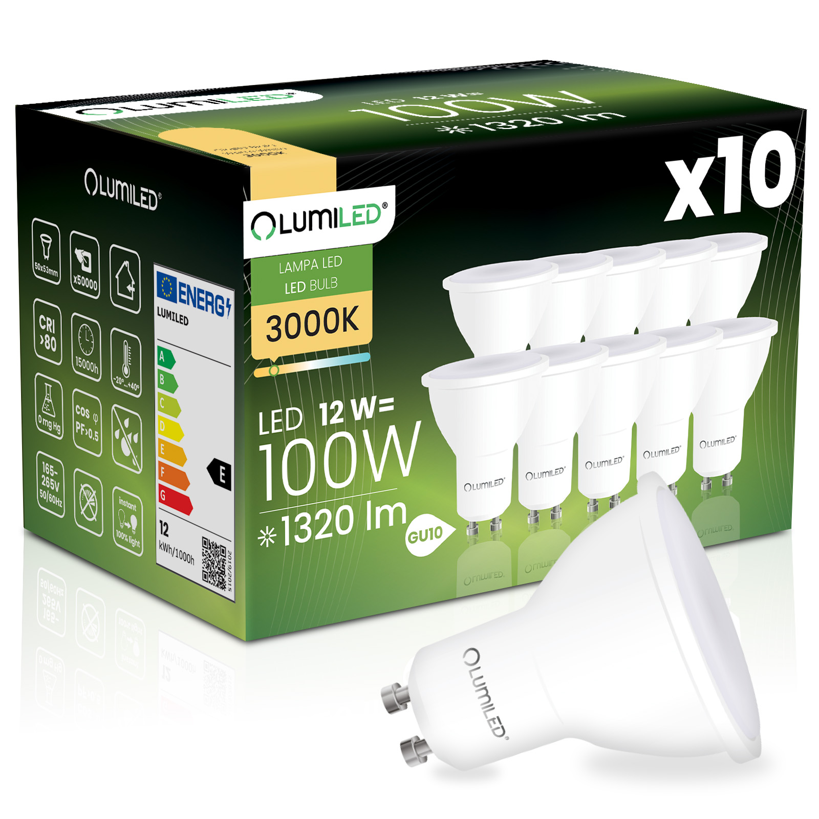 10x Led-lampe Gu10 Spot Par16 12w = 100w 1320lm 3000k Warmweiß 120° Lichtstrom