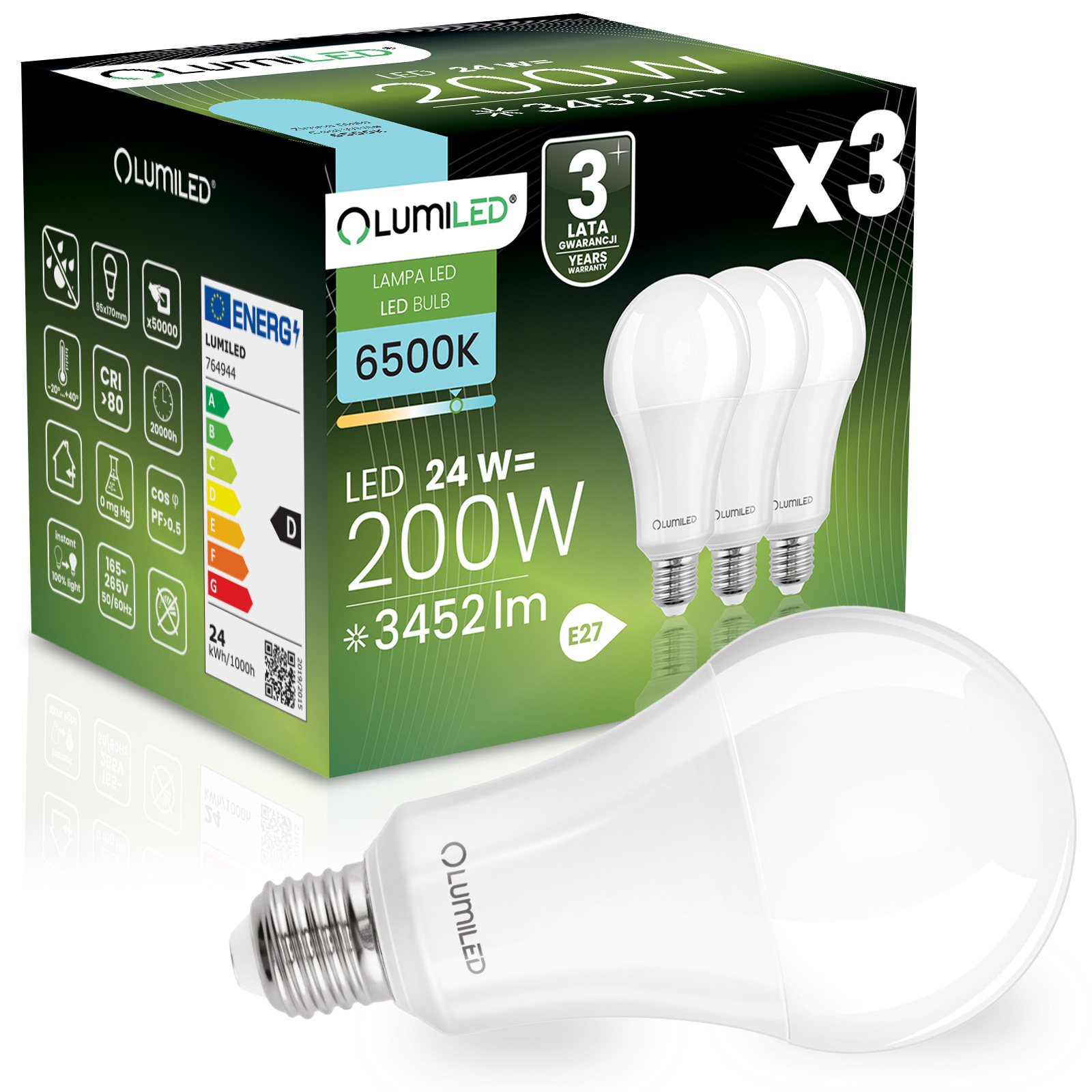 3x Led-lampe E27 A95 24w = 200w 3452lm 6500k Kaltweiß 260° Lichtstrom