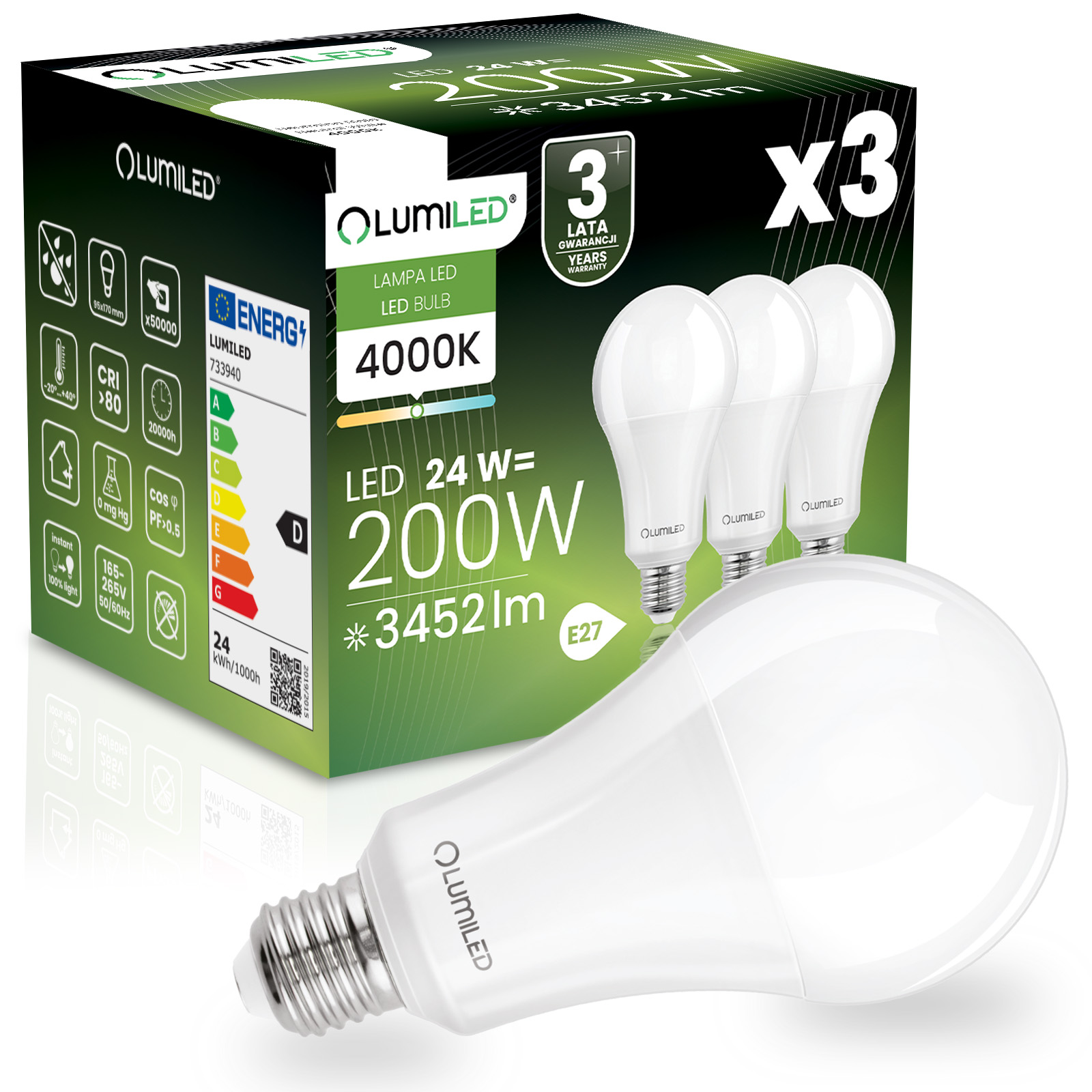 3x Led-lampe E27 A95 24w = 200w 3452lm 4000k Neutralweiß 260° Abstrahlwinkel