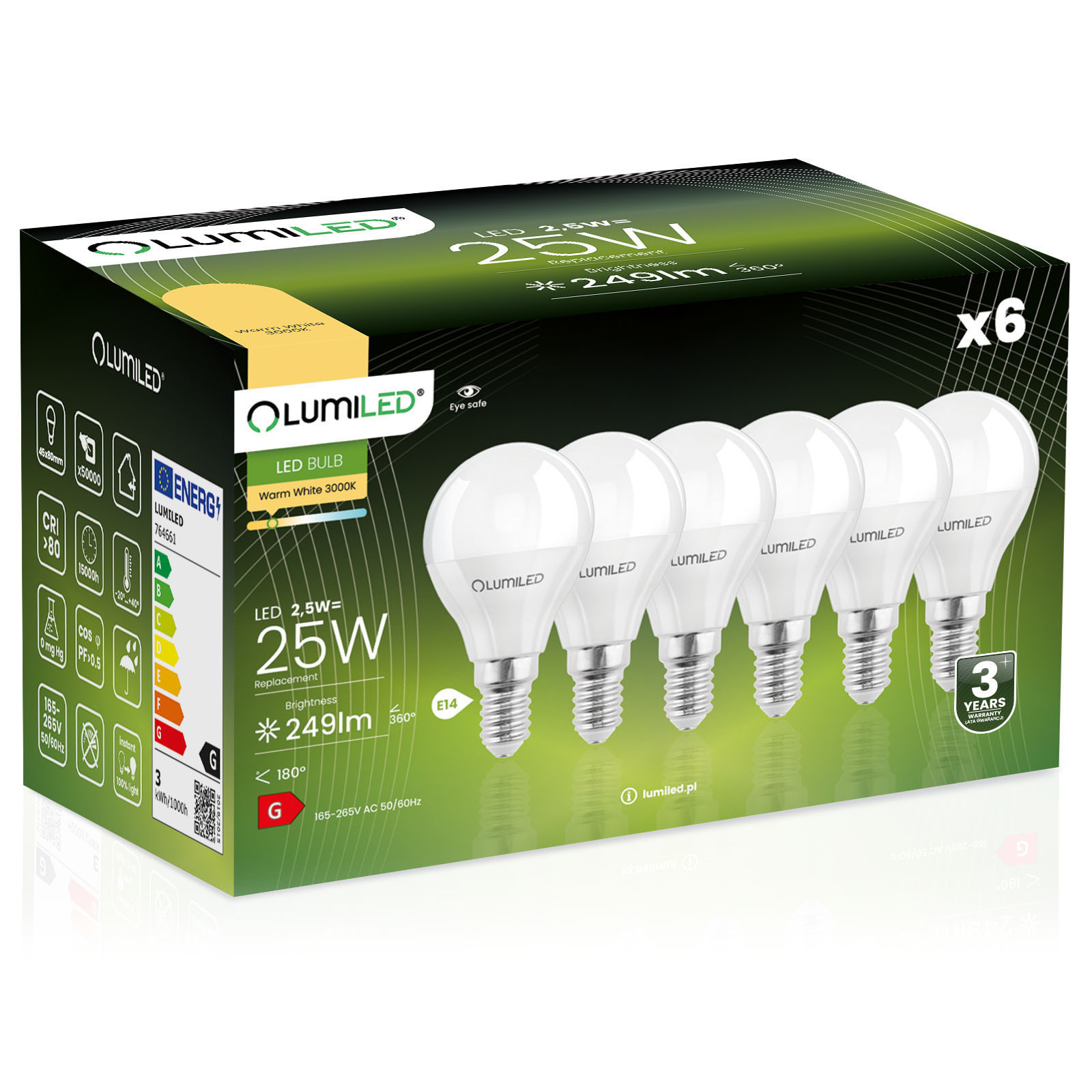 6x Led-lampe E14 Kugel P45 2,5w = 25w 249lm 3000k Warmweiß 180° Abstrahlwinkel