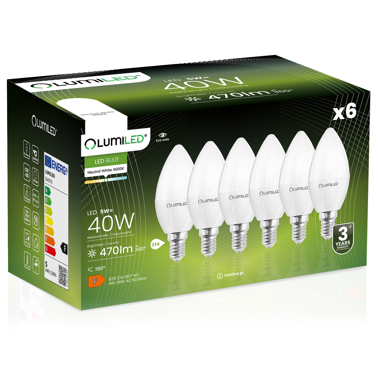 6x Led-lampe E14 Kerze B35 5w = 40w 470lm 4000k Neutralweiß 180° Abstrahlwinkel