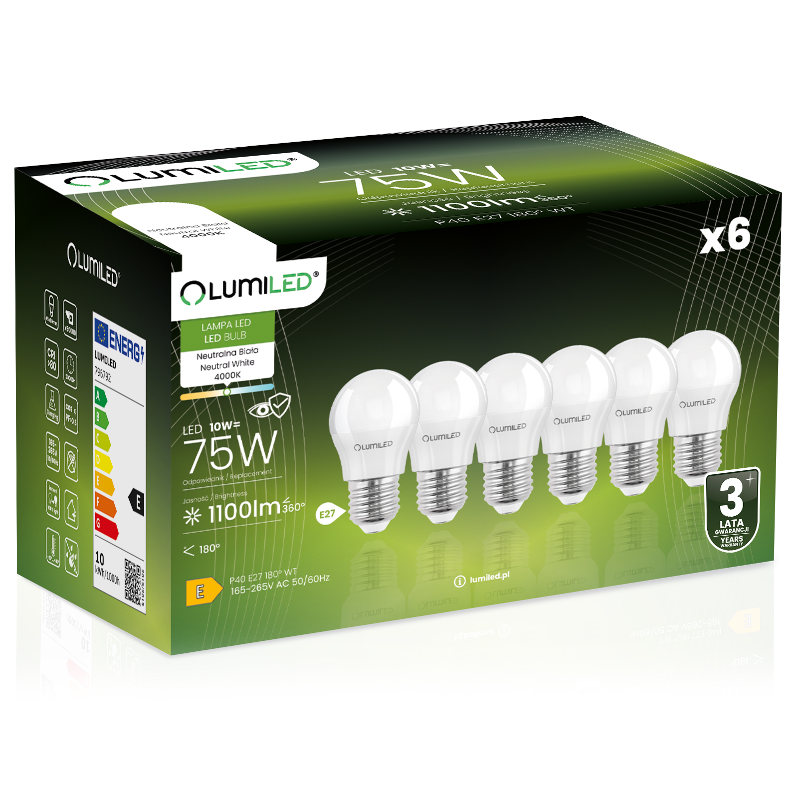 6x Led-lampe E27 Kugel P45 10w = 75w 1100lm 4000k Neutralweiß 180° Abstrahlwinkel