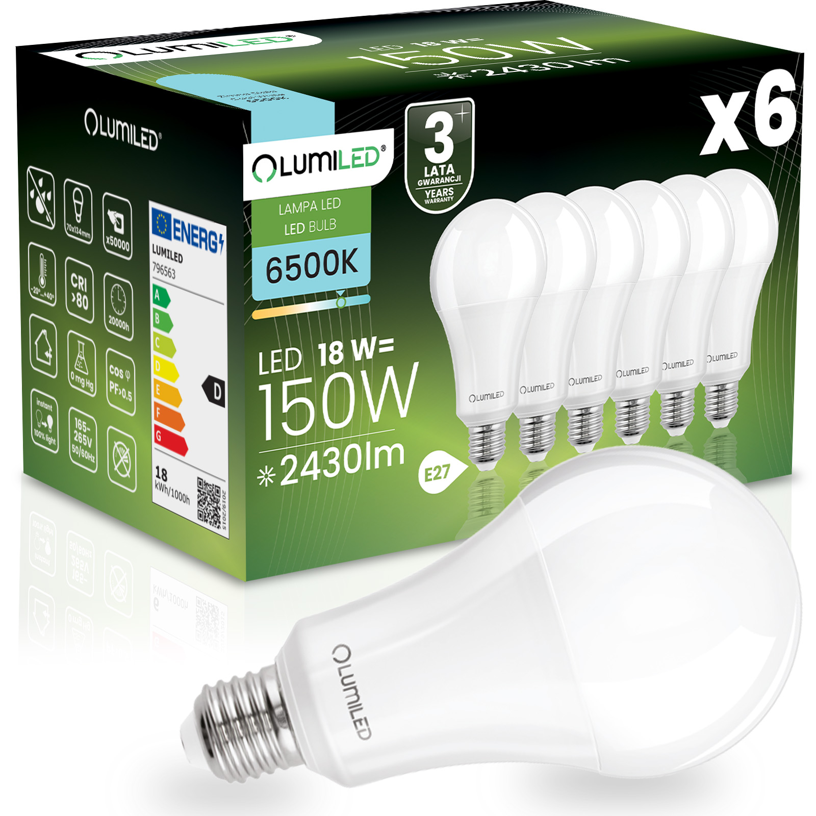 6x Led-lampe E27 A70 18w = 150w 2430lm 6500k Kaltweiß 260° Lichtstrom
