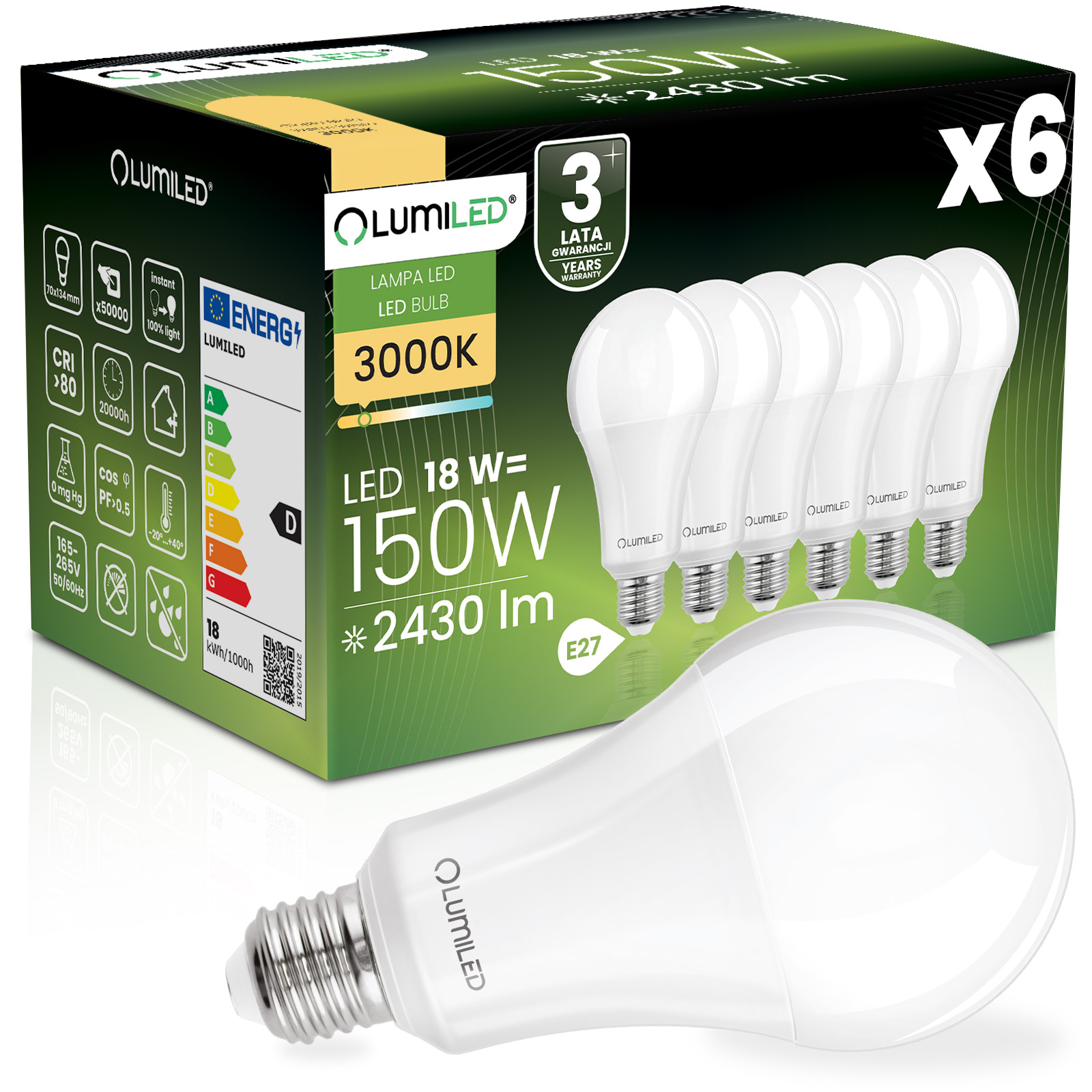6x Led-lampe E27 A70 18w = 150w 2430lm 3000k Warmweiß 260° Lichtstrom