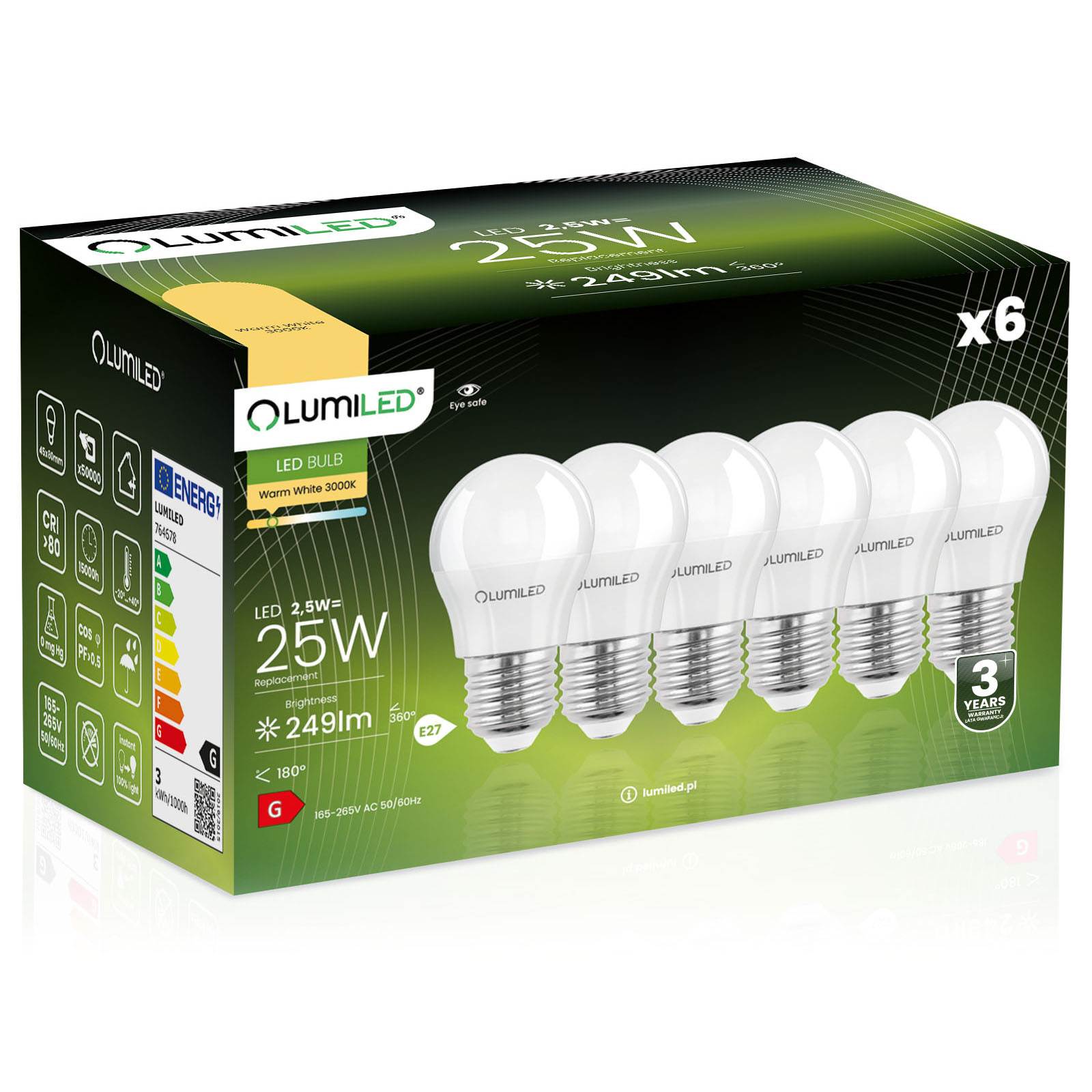 6x Led-lampe E27 Kugel P45 2,5w = 25w 249lm 3000k Warmweiß 180° Abstrahlwinkel