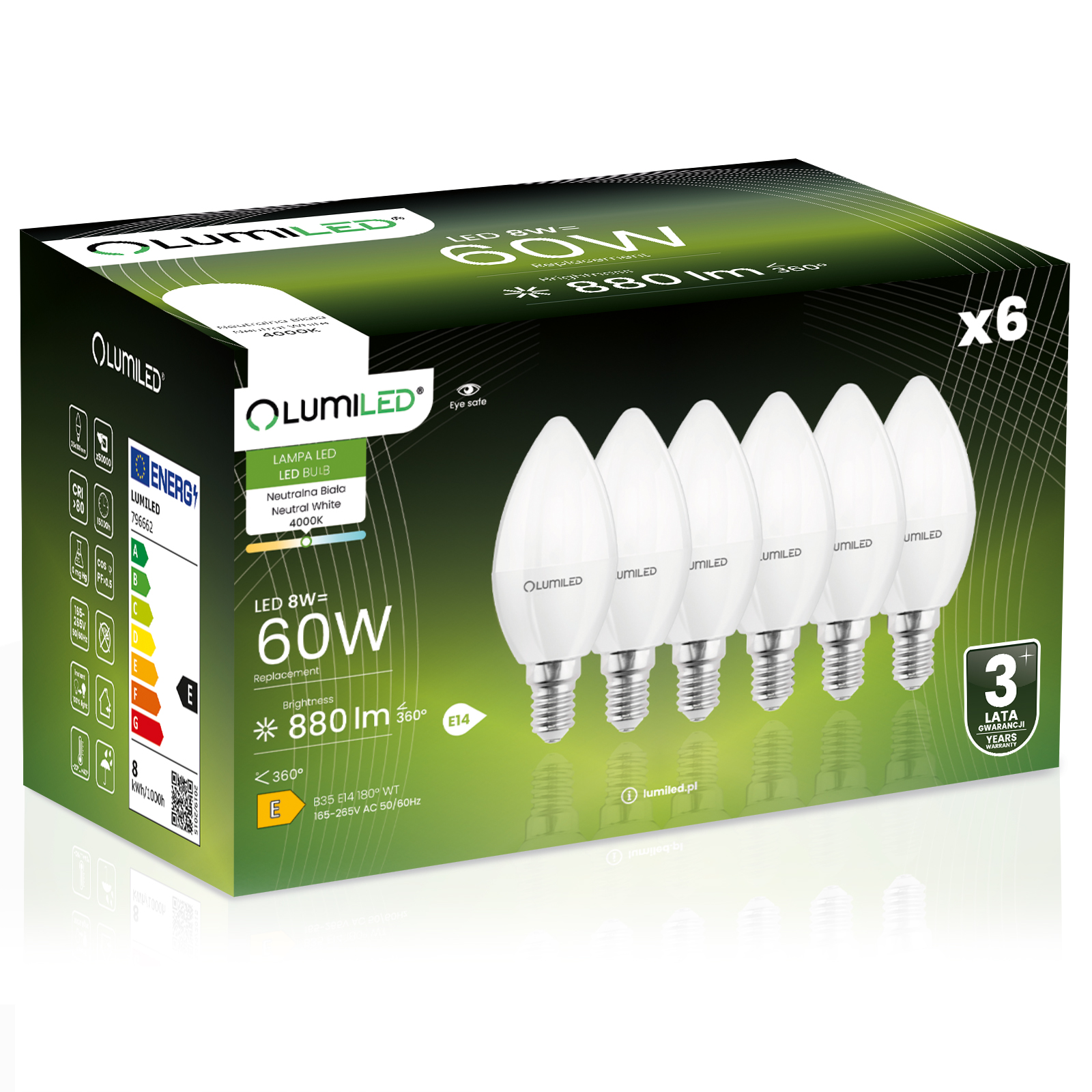 6x Led-lampe E14 Kerzenfassung B35 8w = 60w 880lm 4000k Neutralweiß 180° Abstrahlwinkel
