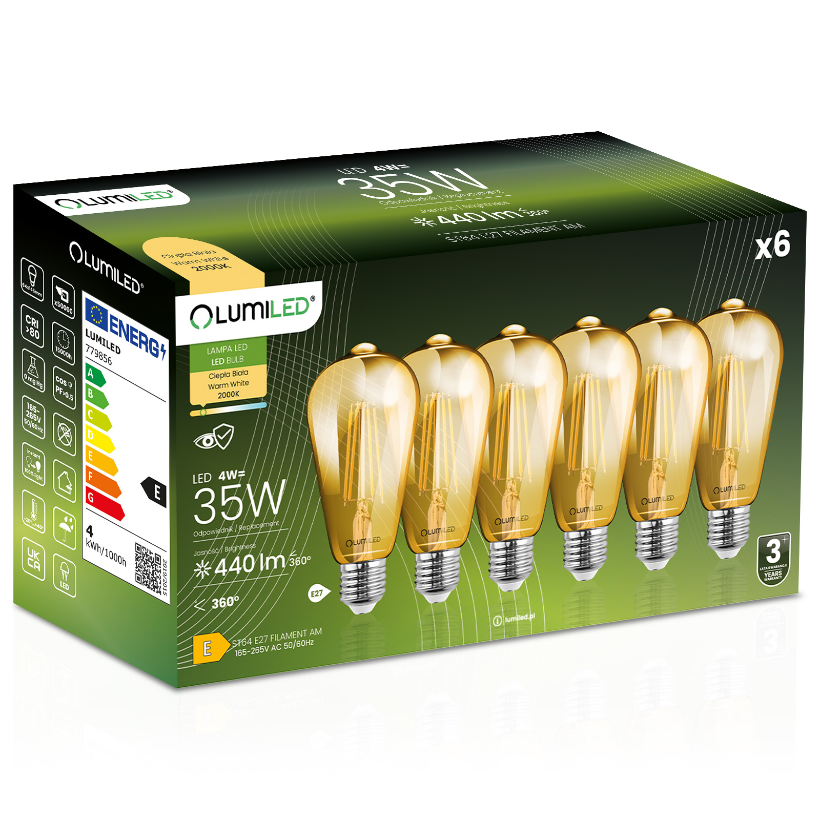 6x Led-lampe E27 Edison St64 4w = 35w 440lm 2000k Warmweiß 360° Leuchtstoffröhre