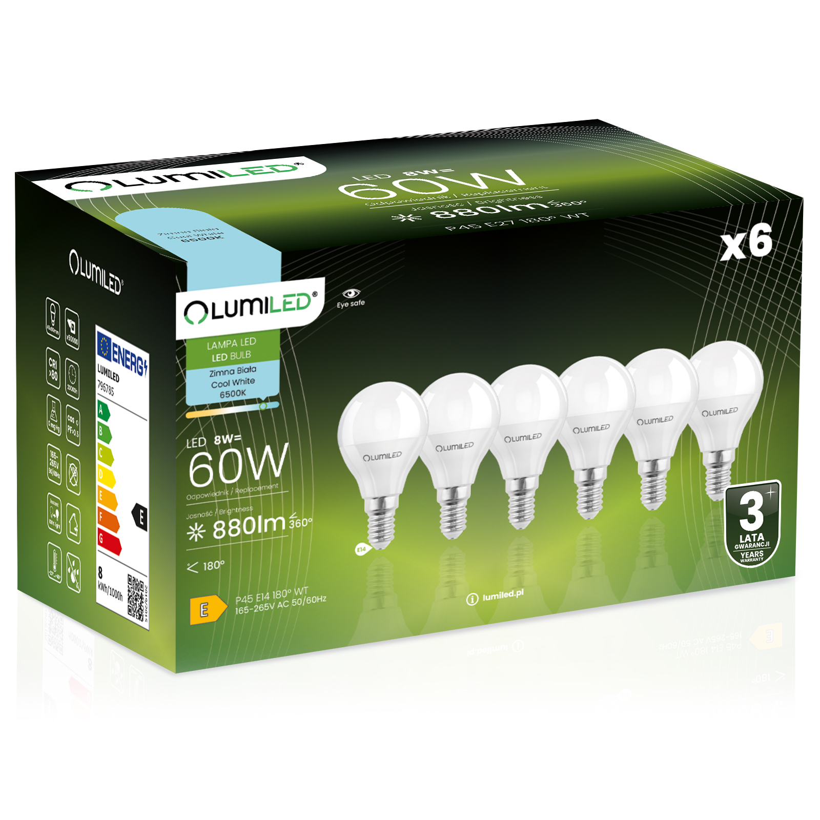 6x Led-lampe E14 Kugel P45 8w = 60w 880lm 6500k Kaltweiß 180° Abstrahlwinkel