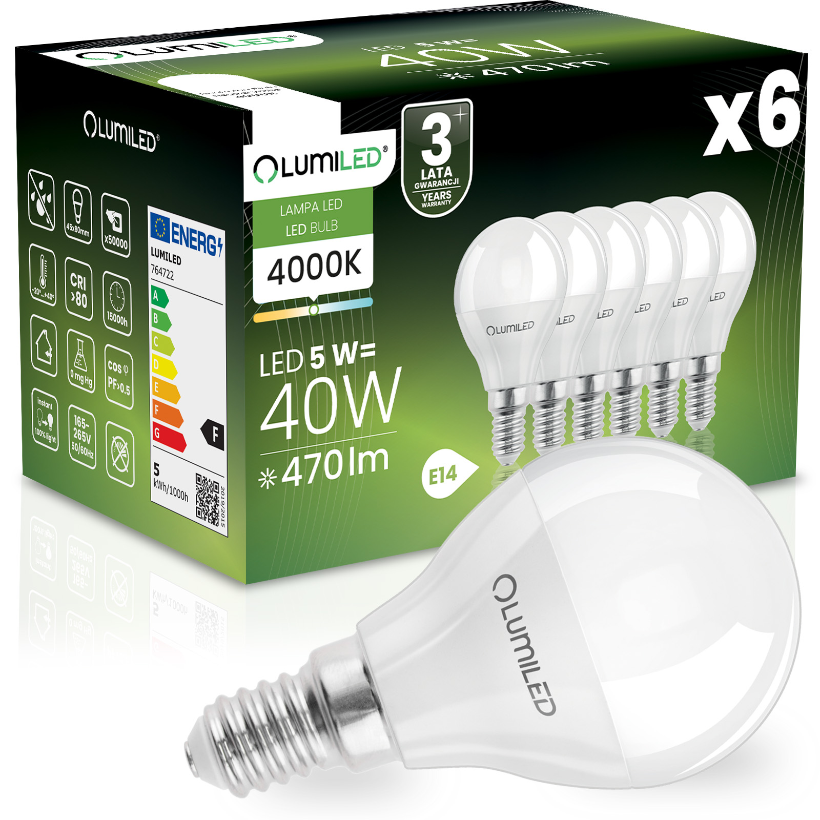 6x Led-lampe E14 Kugel P45 5w = 40w 470lm 4000k Neutralweiß 180° Abstrahlwinkel