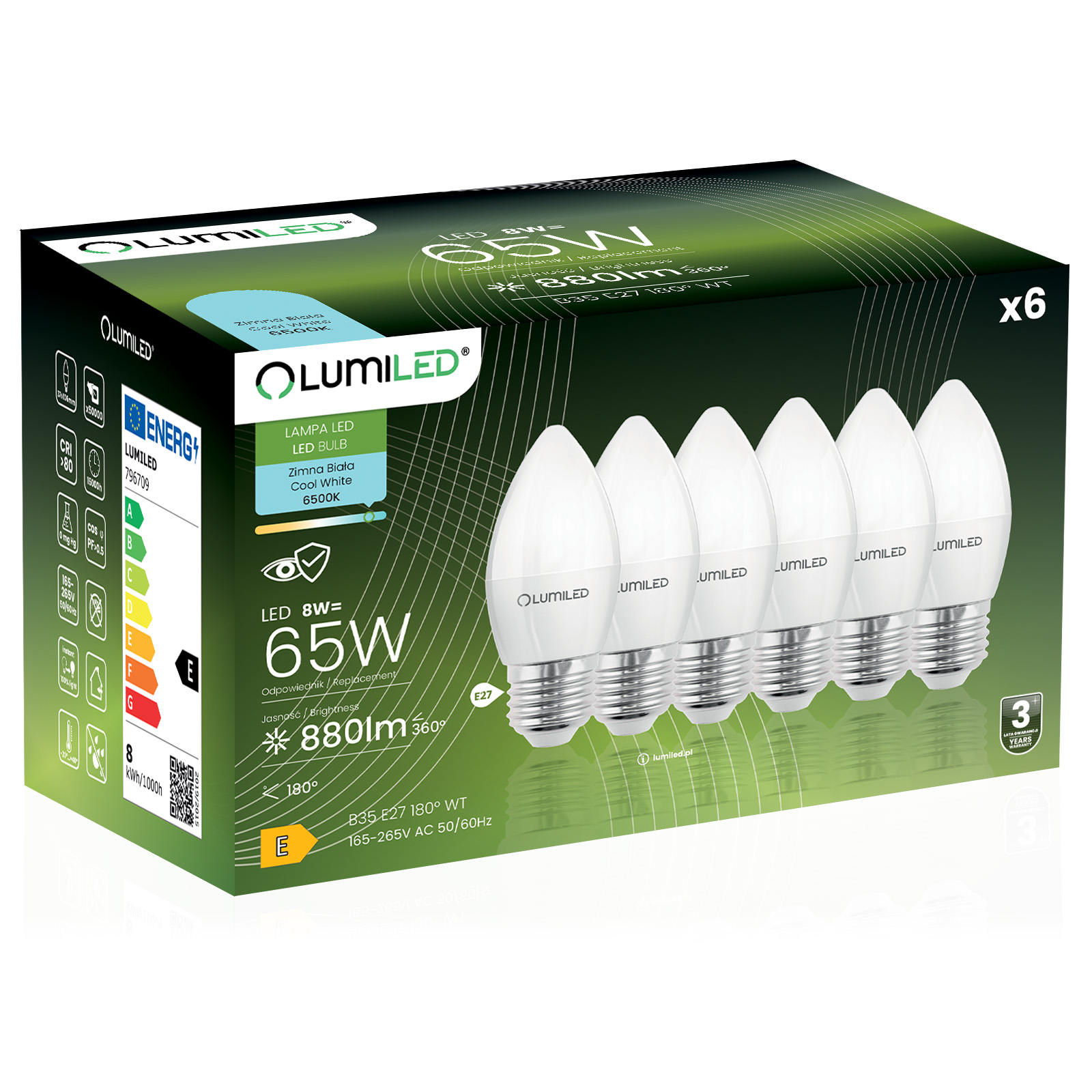 6x Led-lampe E27 Kerzenfassung B35 8w = 65w 880lm 6500k Kaltweiß 180° Abstrahlwinkel