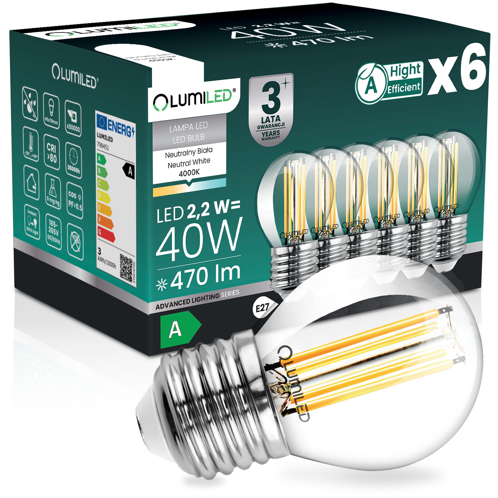 6x Led-lampe E27 Kugel P45 2,2 W 470 Lm = 40 W 4000 K Neutralleiter 360° Glühfaden Klasse A Lumiled