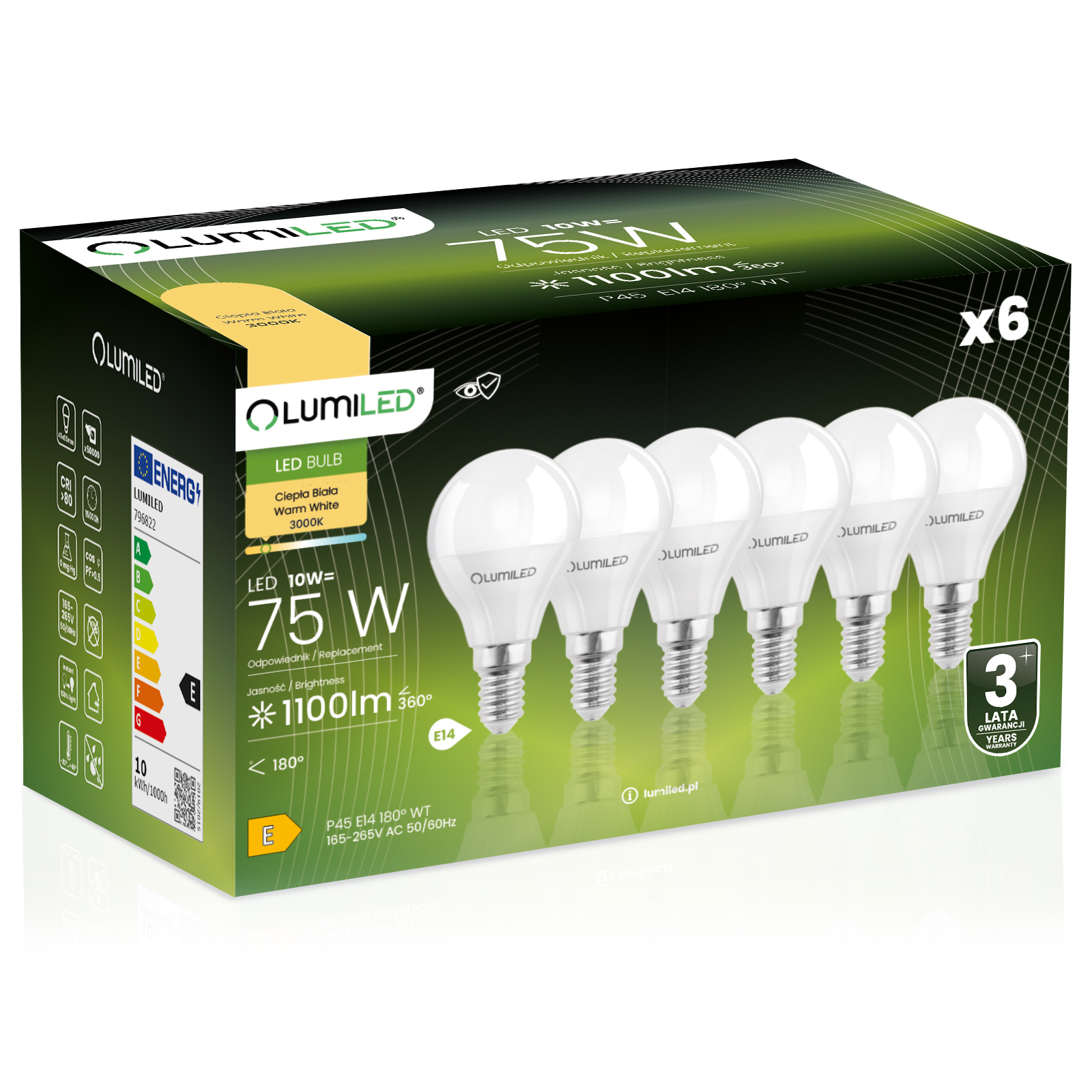 6x Led-lampe E14 Kugel P45 10w = 75w 11100lm 3000k Warmweiß 180° Abstrahlwinkel