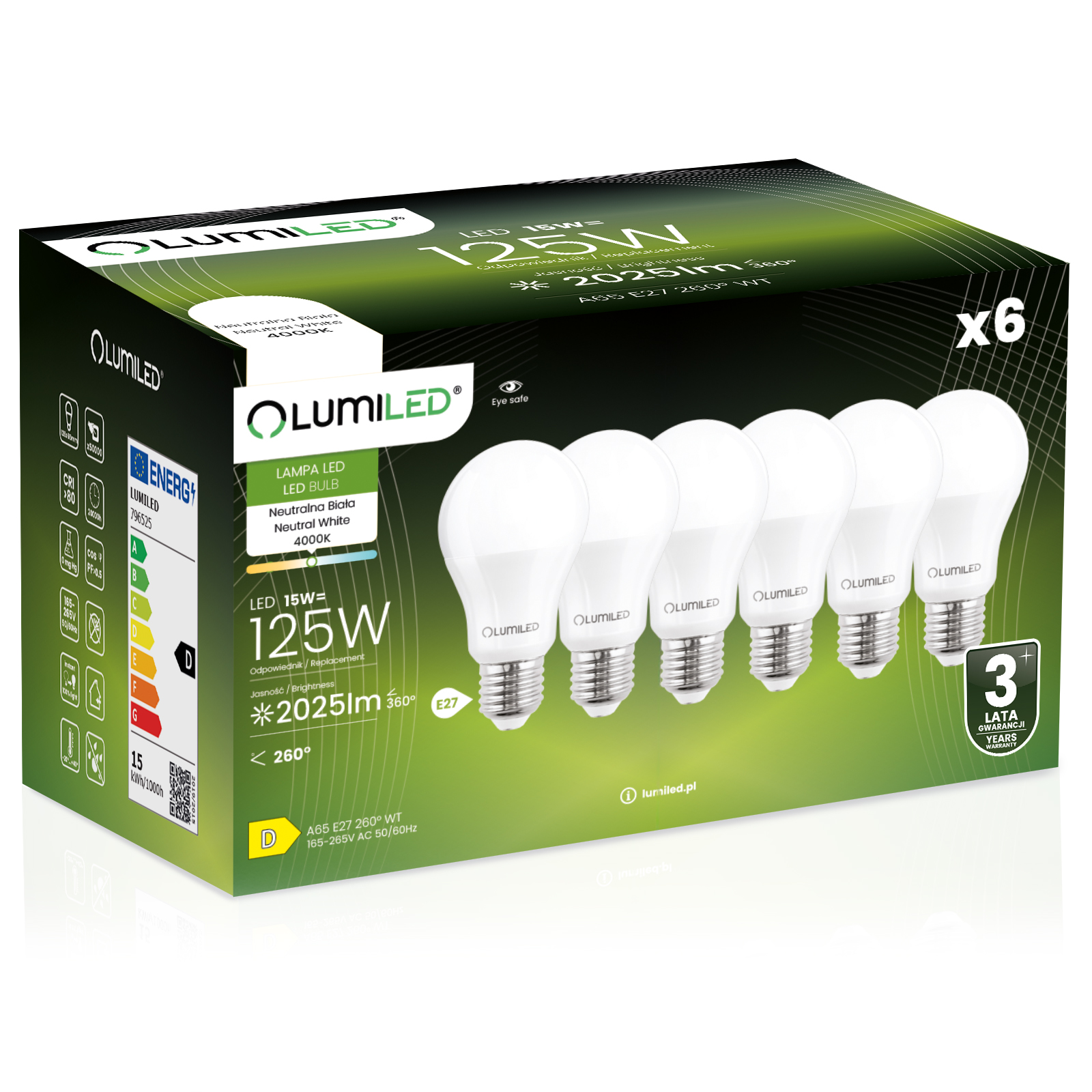 6x Led-lampe E27 A65 15w = 125w 2025lm 4000k Neutralweiß 260° Abstrahlwinkel