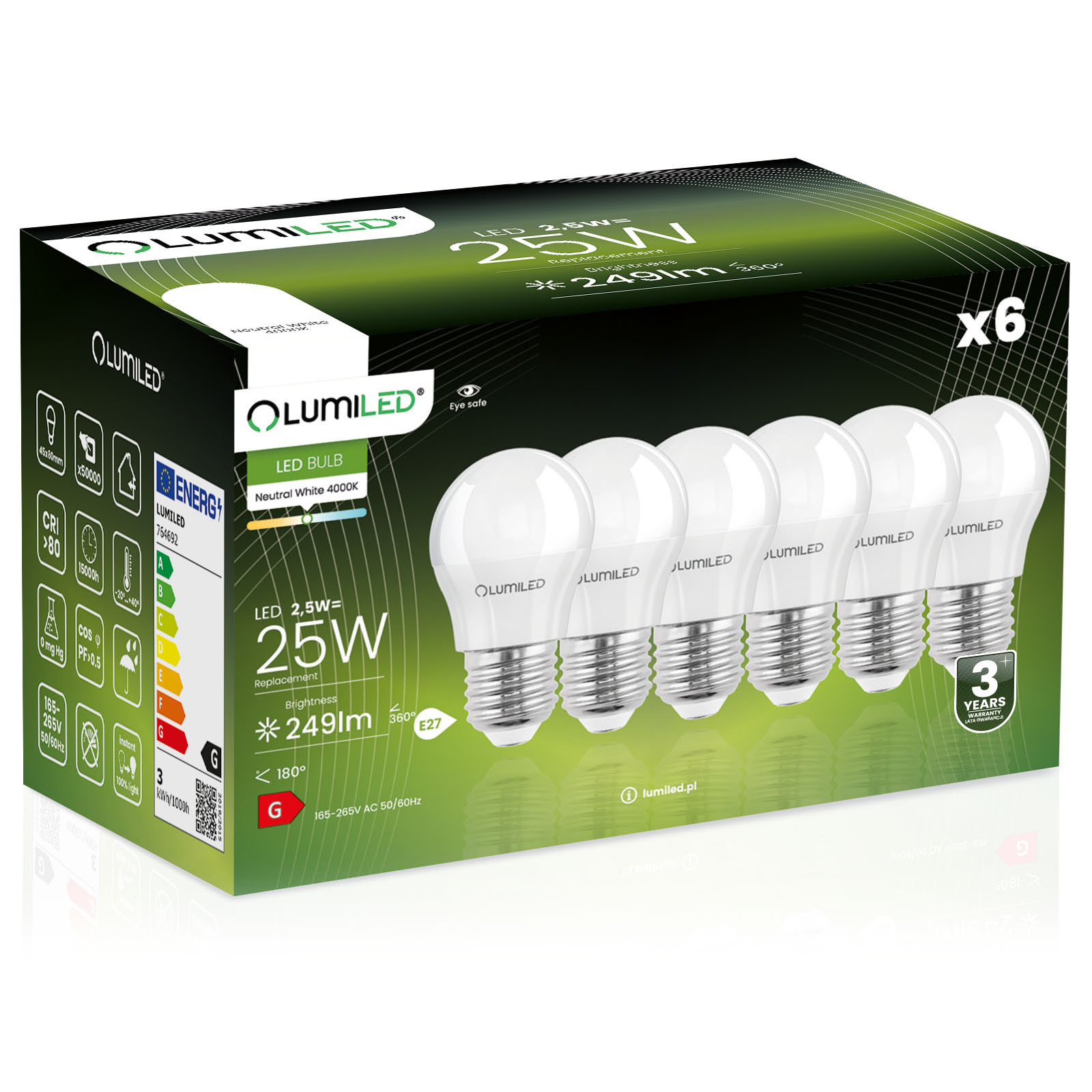 6x Led-lampe E27 Kugel P45 2,5w = 25w 249lm 4000k Neutralweiß 180° Abstrahlwinkel