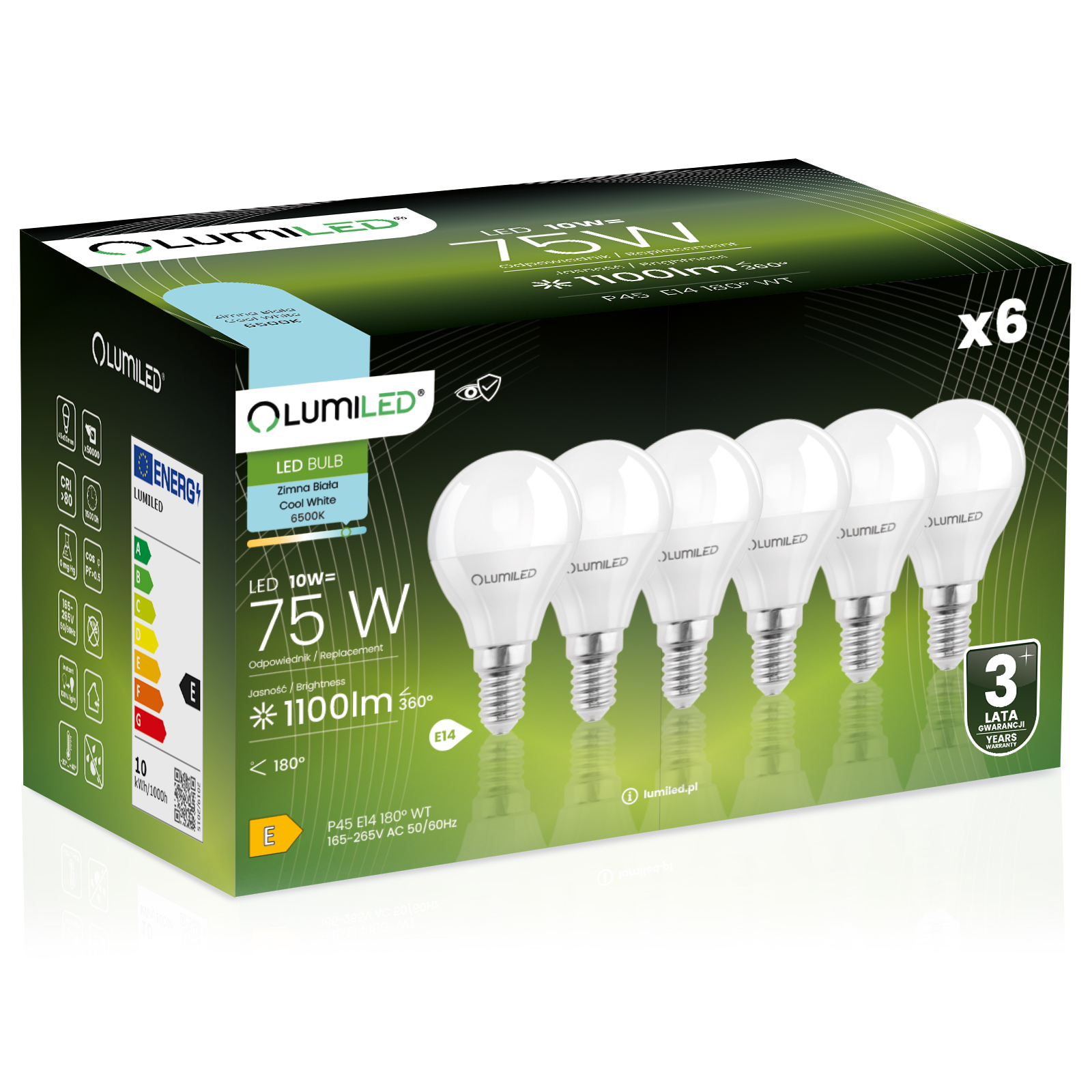 6x Led-lampe E14 Kugel P45 10w = 75w 1100lm 6500k Kaltweiß 180° Abstrahlwinkel